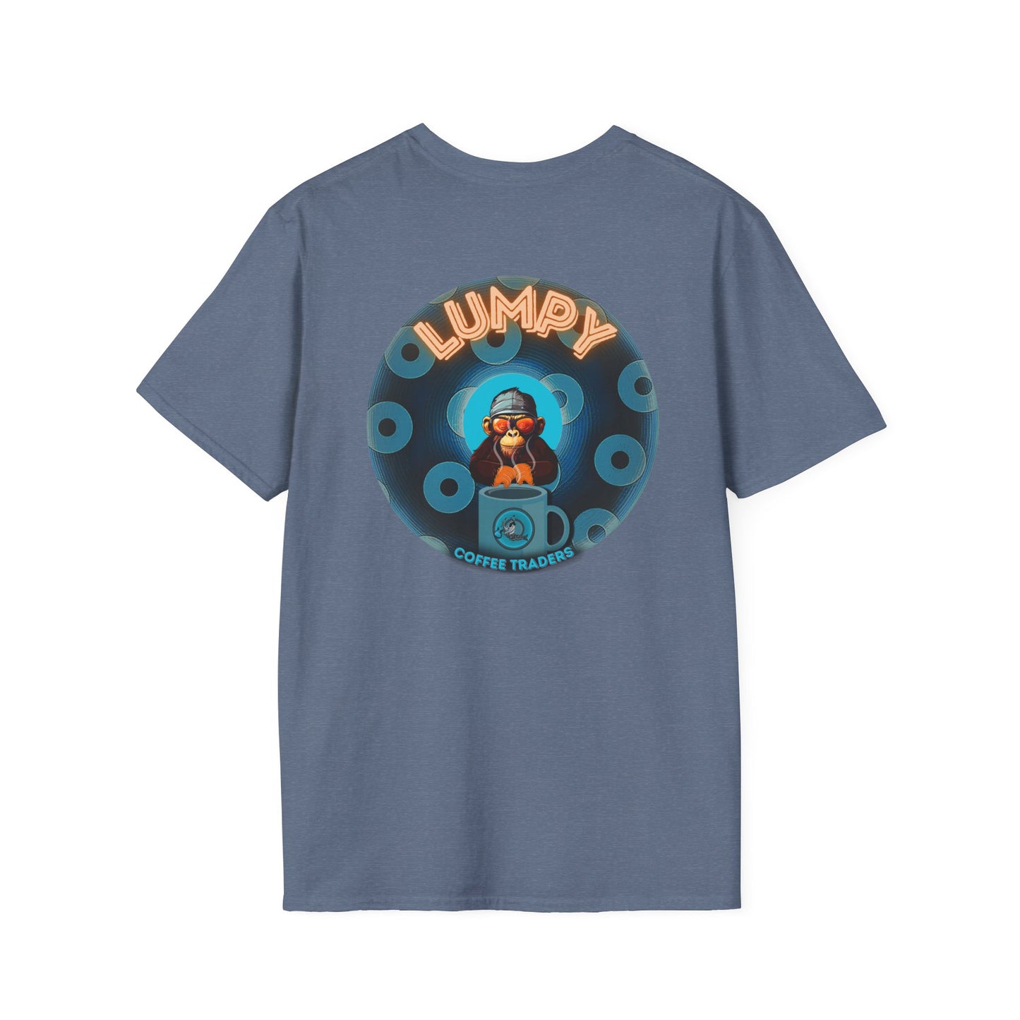 Coffee Traders Tee - Unisex Soft-Style - "Tasty Coffee" - paradoxical donut/cubed blue donut - variant 1 - It's Ice Cube's front/logo back