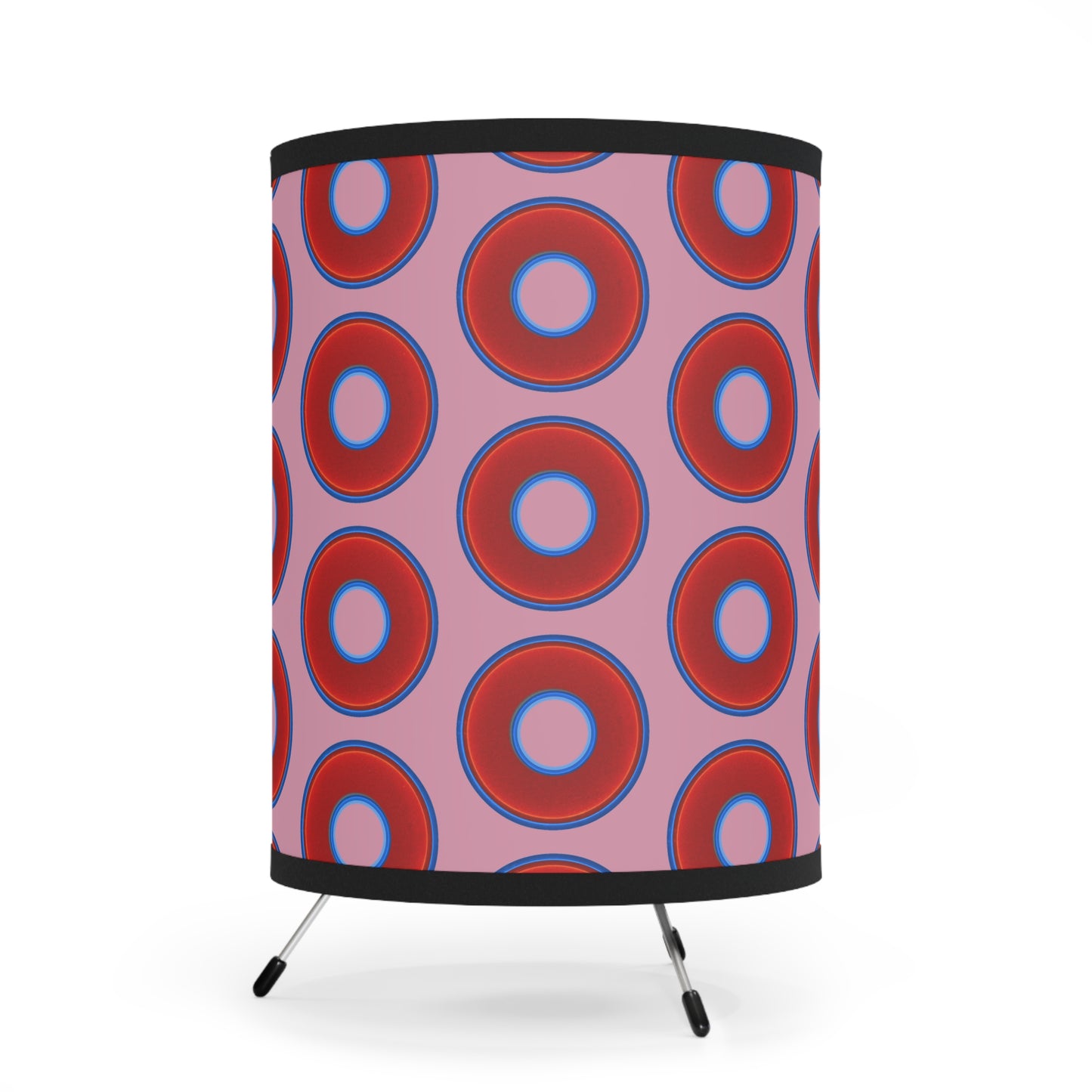 Lumpy Tripod Donut Lamp - vivid red donuts w/pale magenta background