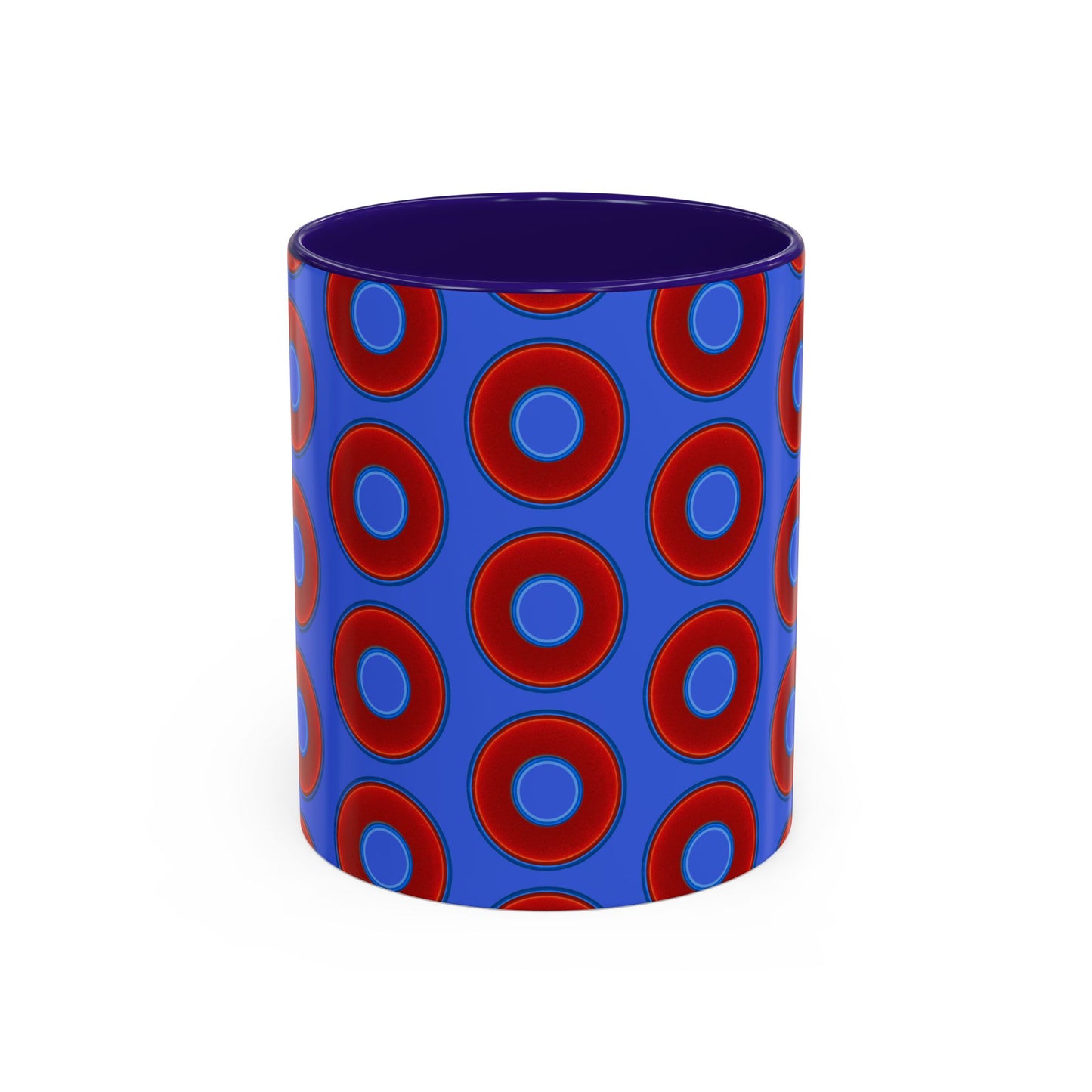 Lump's Grumpy Coffee Mug - vivid red donuts w/royal blue background