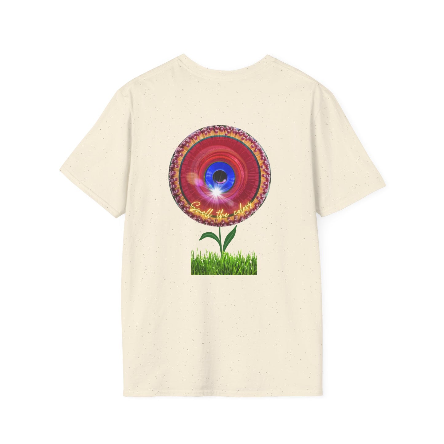 Classic Donut Tee - Unisex Soft-Style - "Smell the Donuts Outside on my Lawn"  " variant 2 - blue donut on red donut/flower