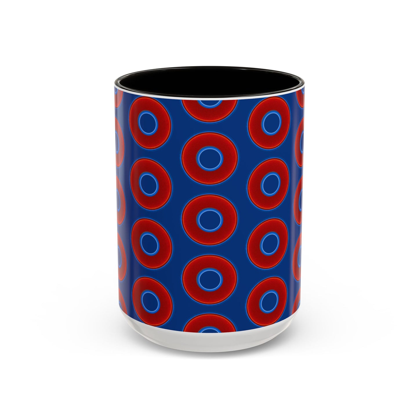 Lump's Grumpy Coffee Mug - vivid red donuts w/dark blue background