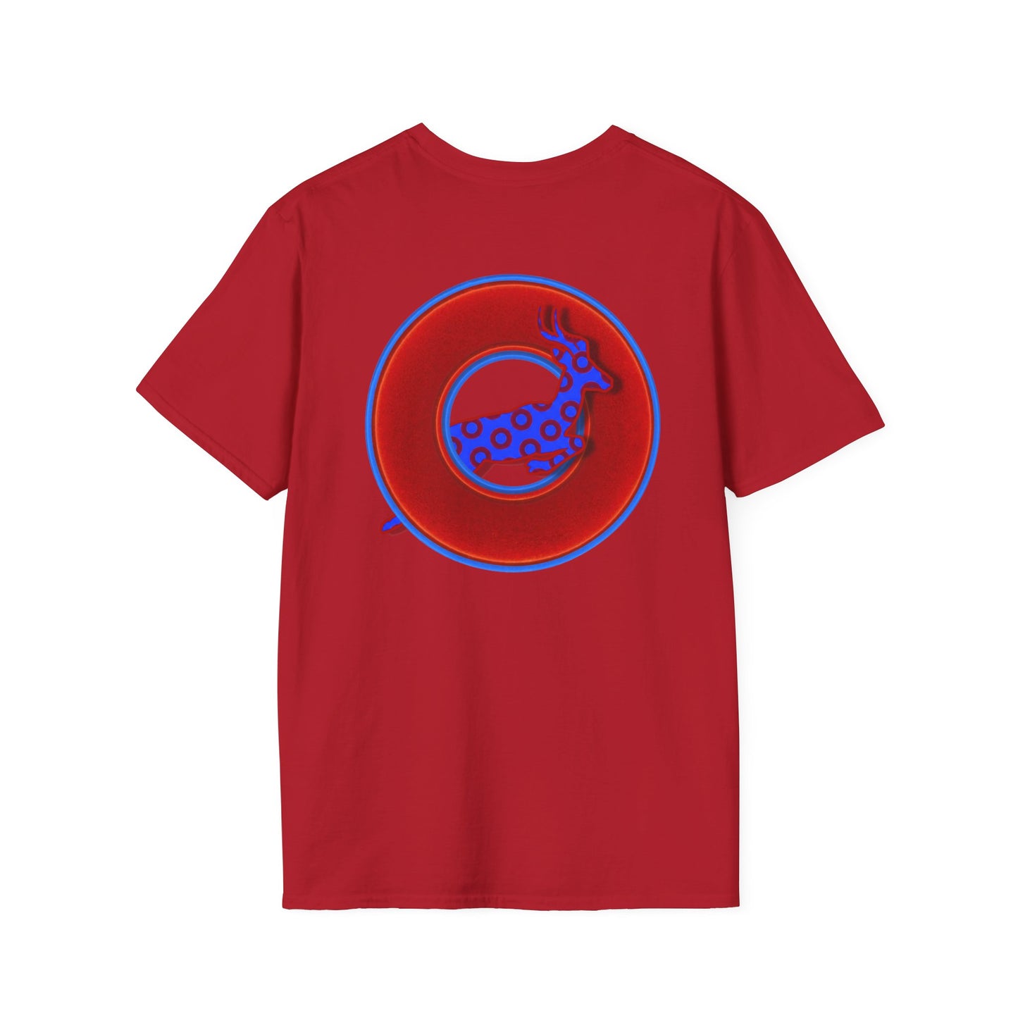 Classic Donut Tee - Unisex Soft-Style - "Out of Control Donut" - vivid red donut - variant 2 "jumping on through"