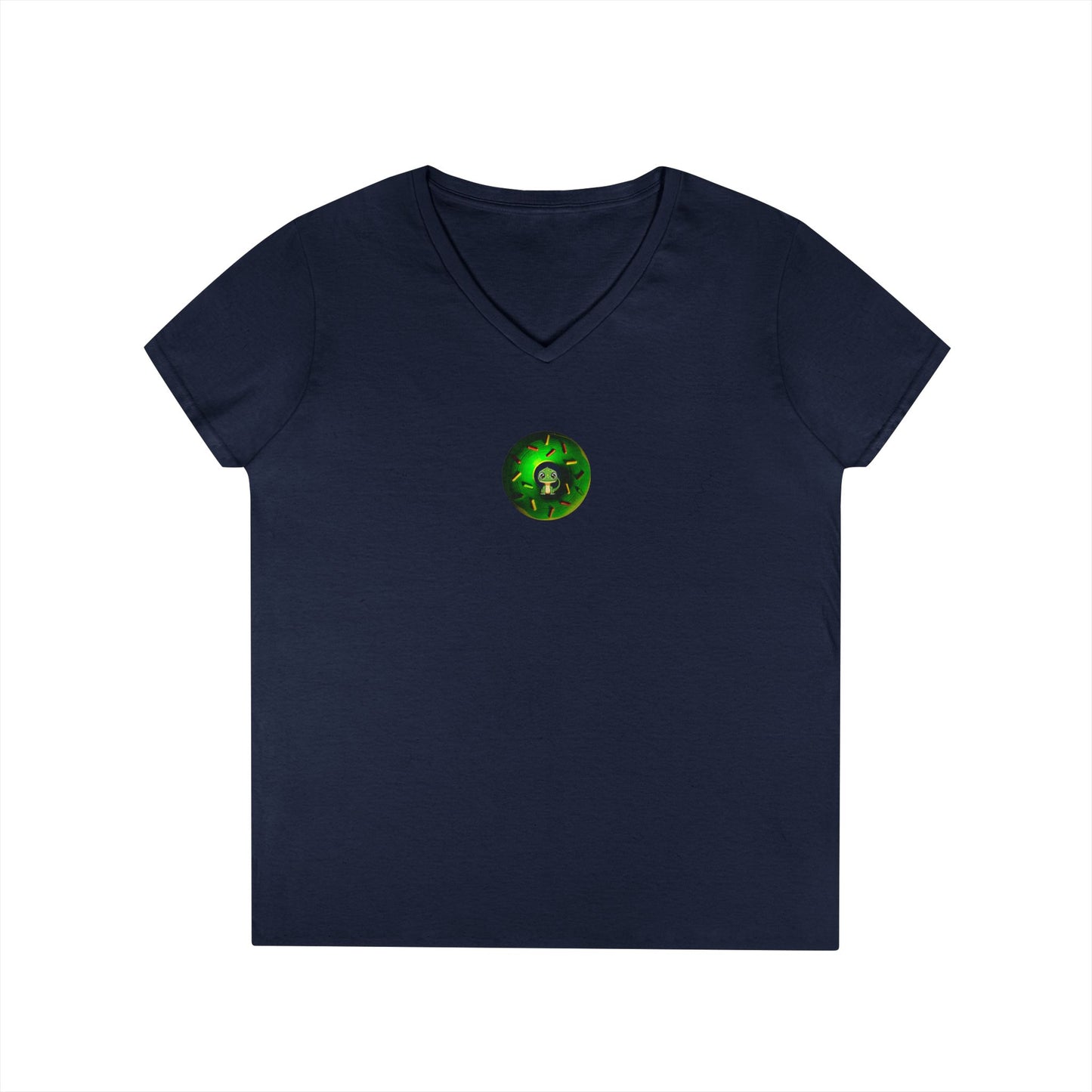 Women's Donut V-Neck Tee - "Soft as Baby Rutherford" - green cartoon donut w/sprinkles