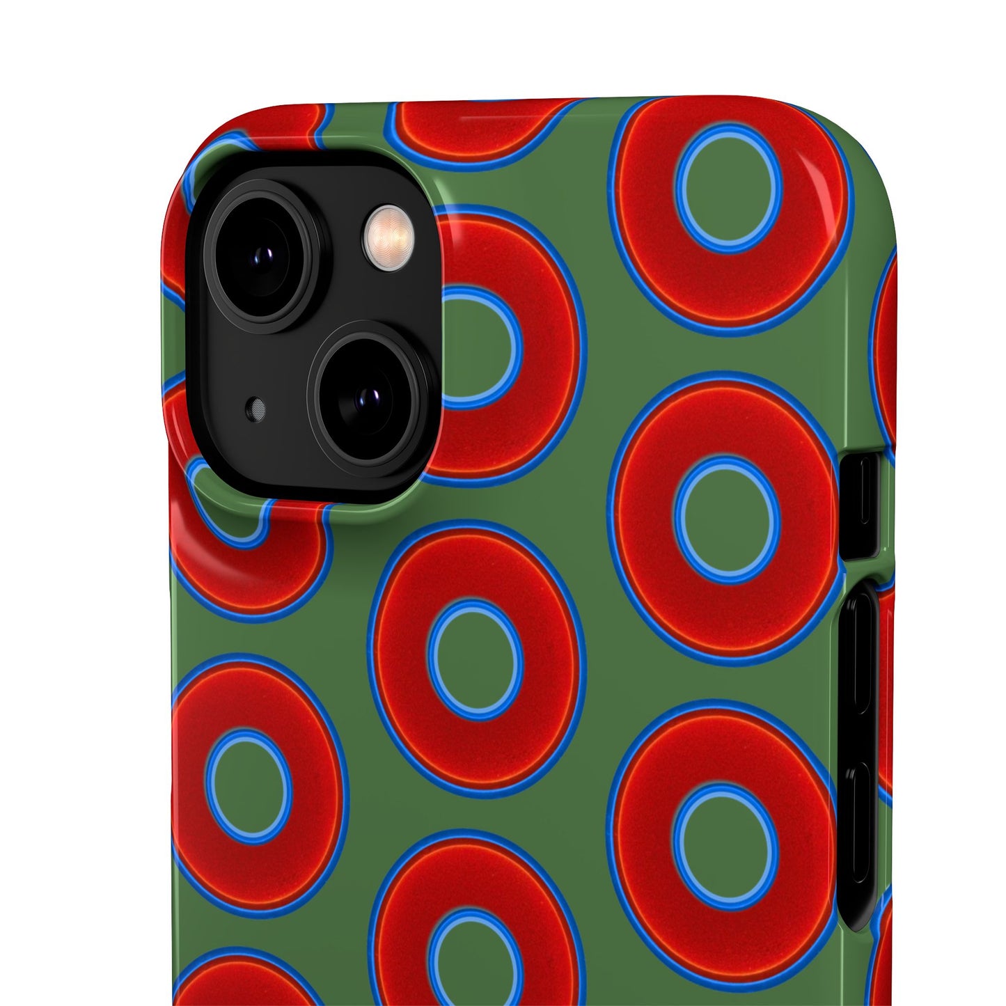 Lumpy Donut Snap Case - red vivid donut print w/dark green background