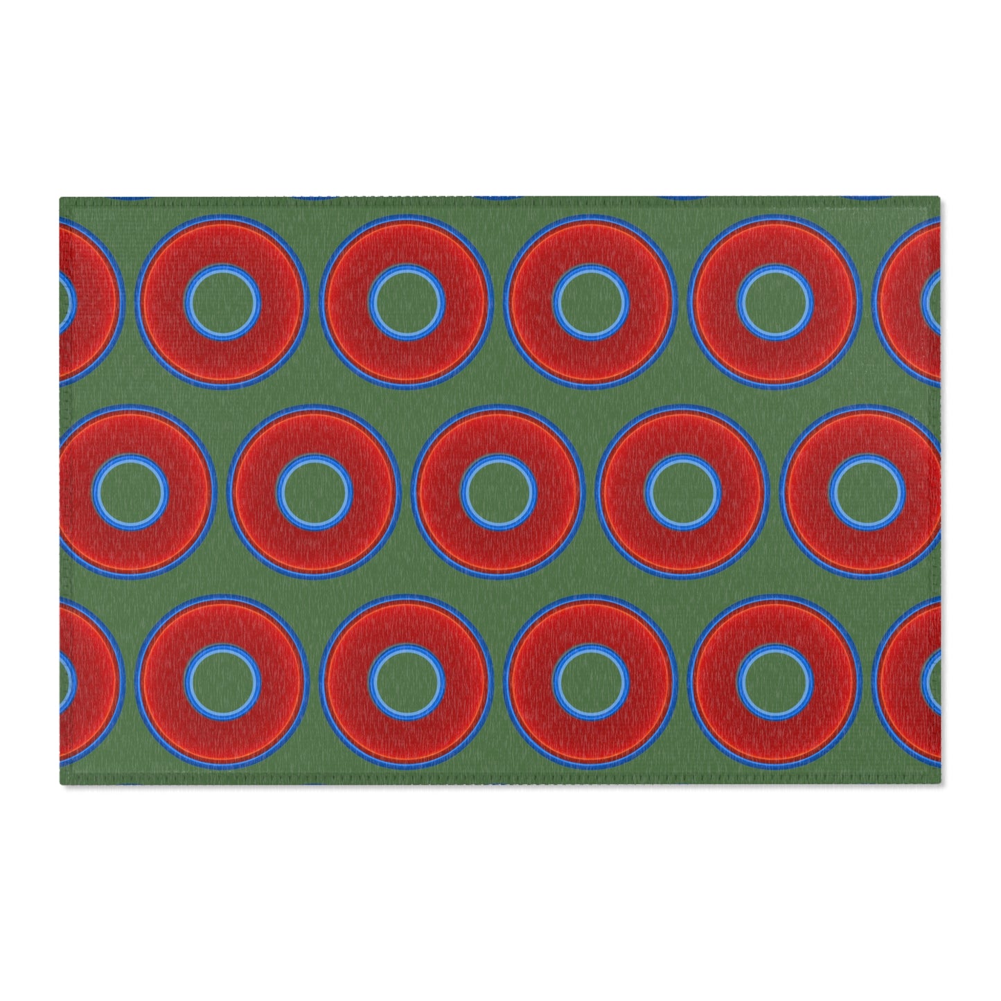 Lumpy Donut Print Rug - choice of 3 sizes - vivid red donut print w/dark green background