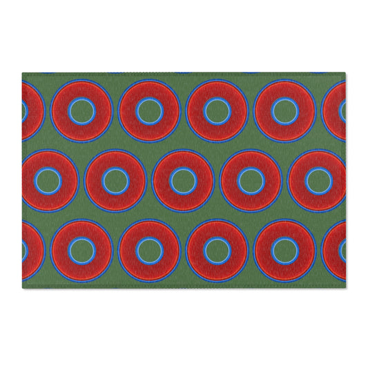 Lumpy Donut Print Rug - choice of 3 sizes - vivid red donut print w/dark green background