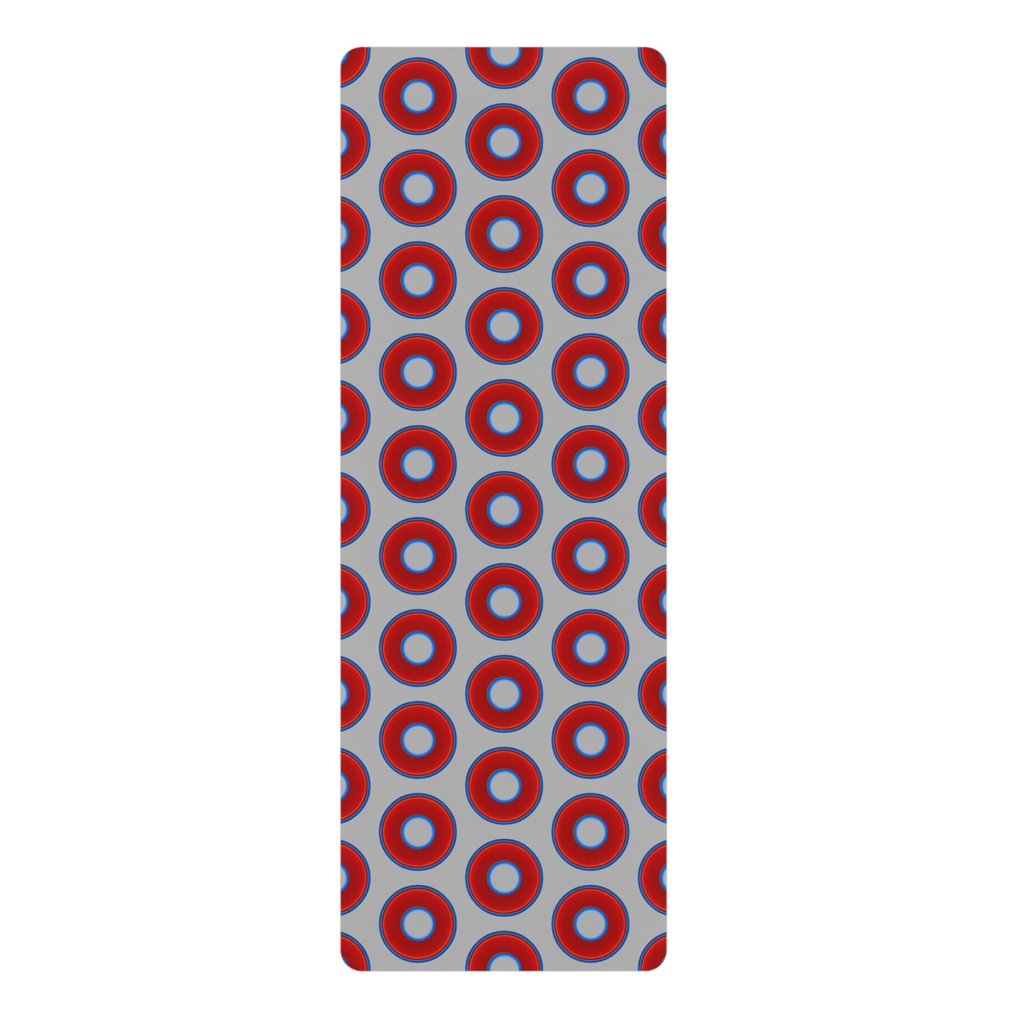 Lumpy Donut Yoga Mat :) - 24″ x 70" - vivid red donut print w/light gray background