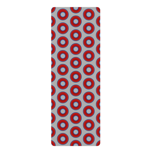 Lumpy Donut Yoga Mat :) - 24″ x 70" - vivid red donut print w/light gray background