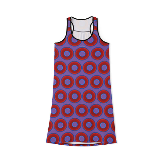 Tela's Lumpy Racerback Donut Dress - red vivid donut print w/light purple background