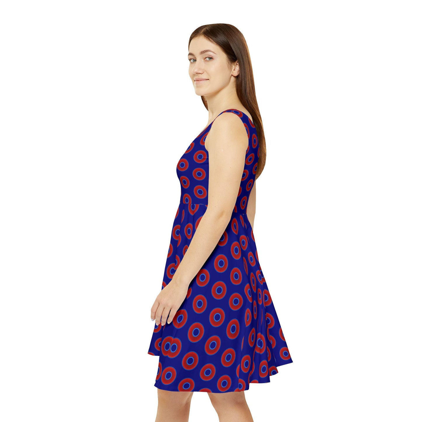 Women's Skater Donut Dress - vivid red donut print w/vivid navy blue background