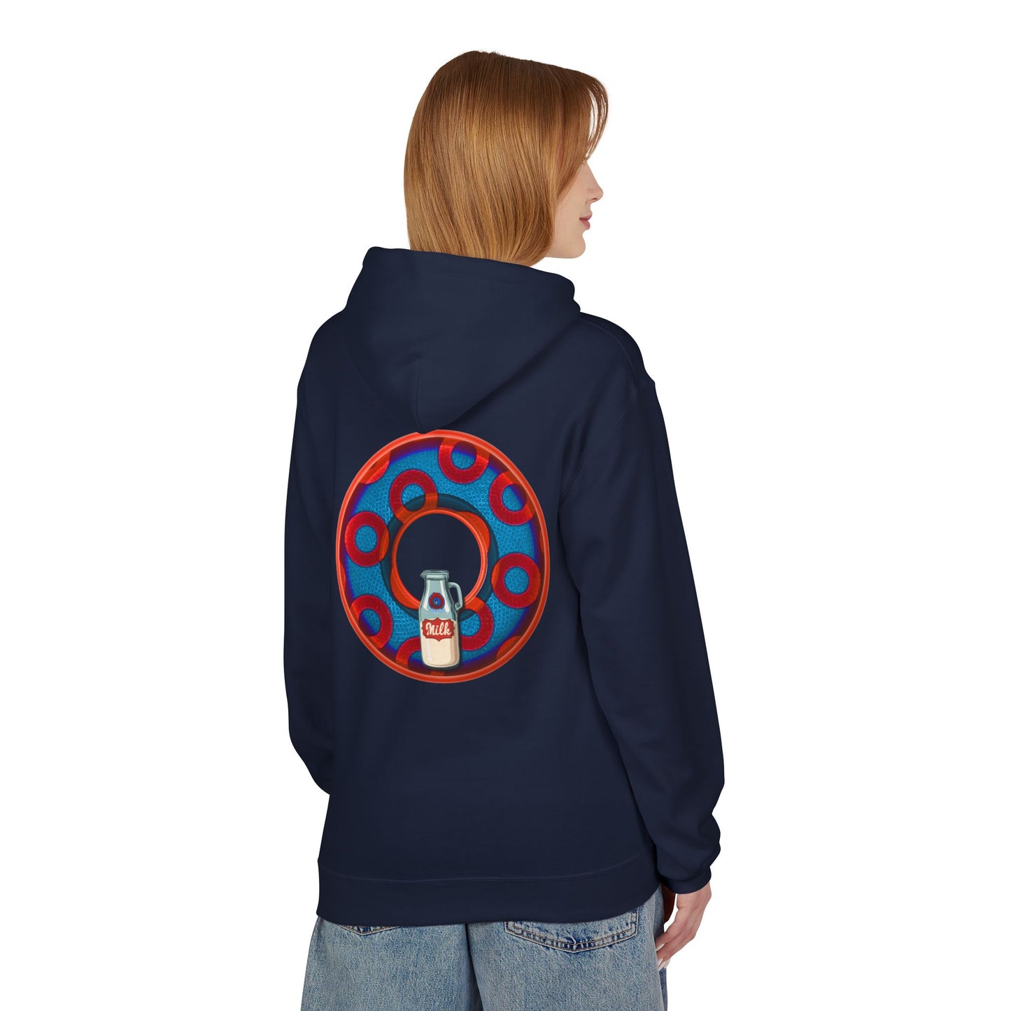 Fleece Harry Hoodies [Midweight Soft-style] - "Wooked Cream Dairy - YEMSG Donut" - blue/red rustic paradox donut - variant 1