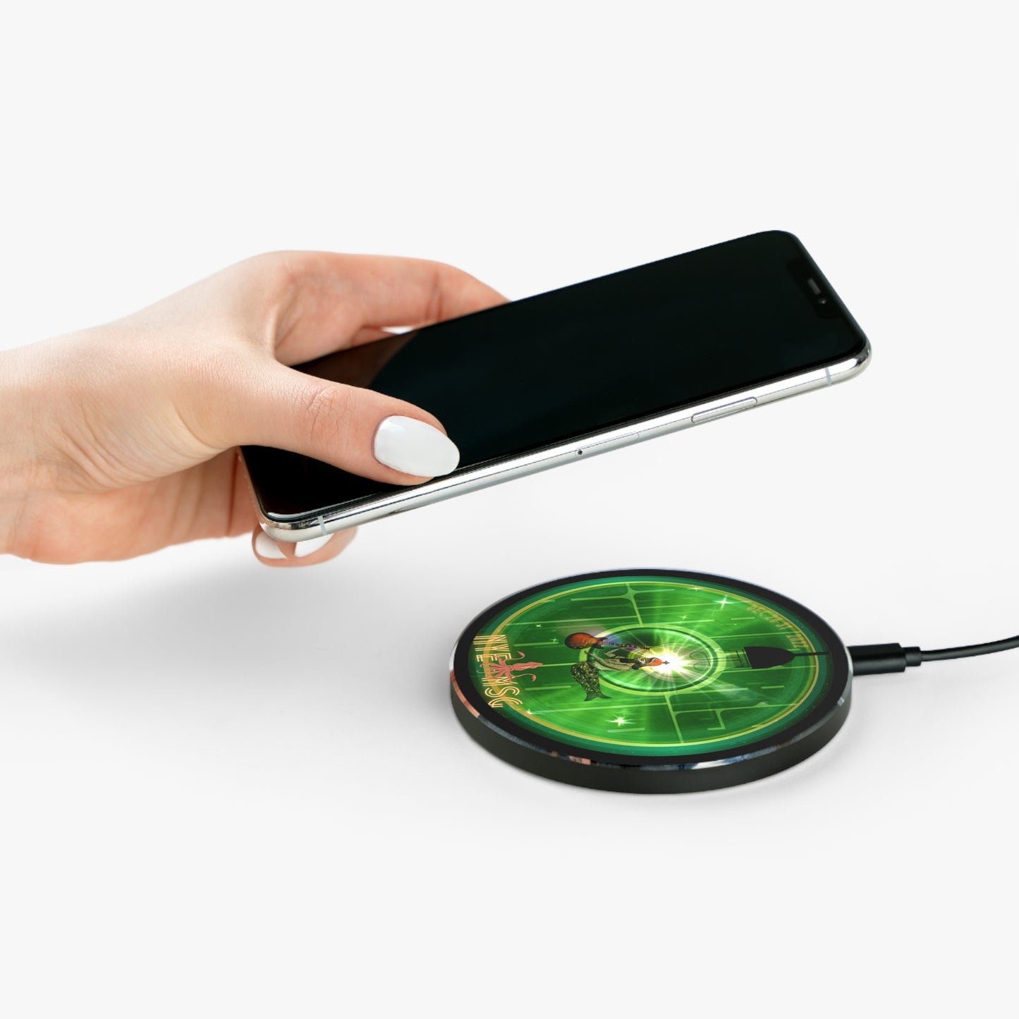 The Flow - Wireless Lumpy Donut Chargers - "MSG NYE DEC 28-31 2022" - vivid green mirror donut w/black background