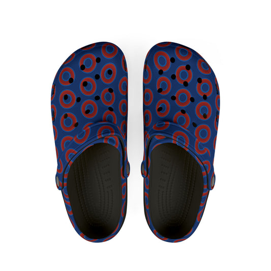 Spatchcocks - donut slip-on shoes - red rustic donuts w/dark blue background [unisex]