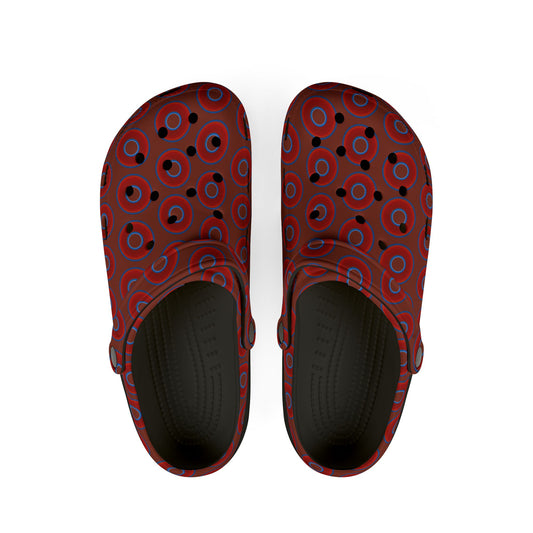 Spatchcocks - donut slip-on shoes - vivid red donuts w/burnt umber background [unisex]