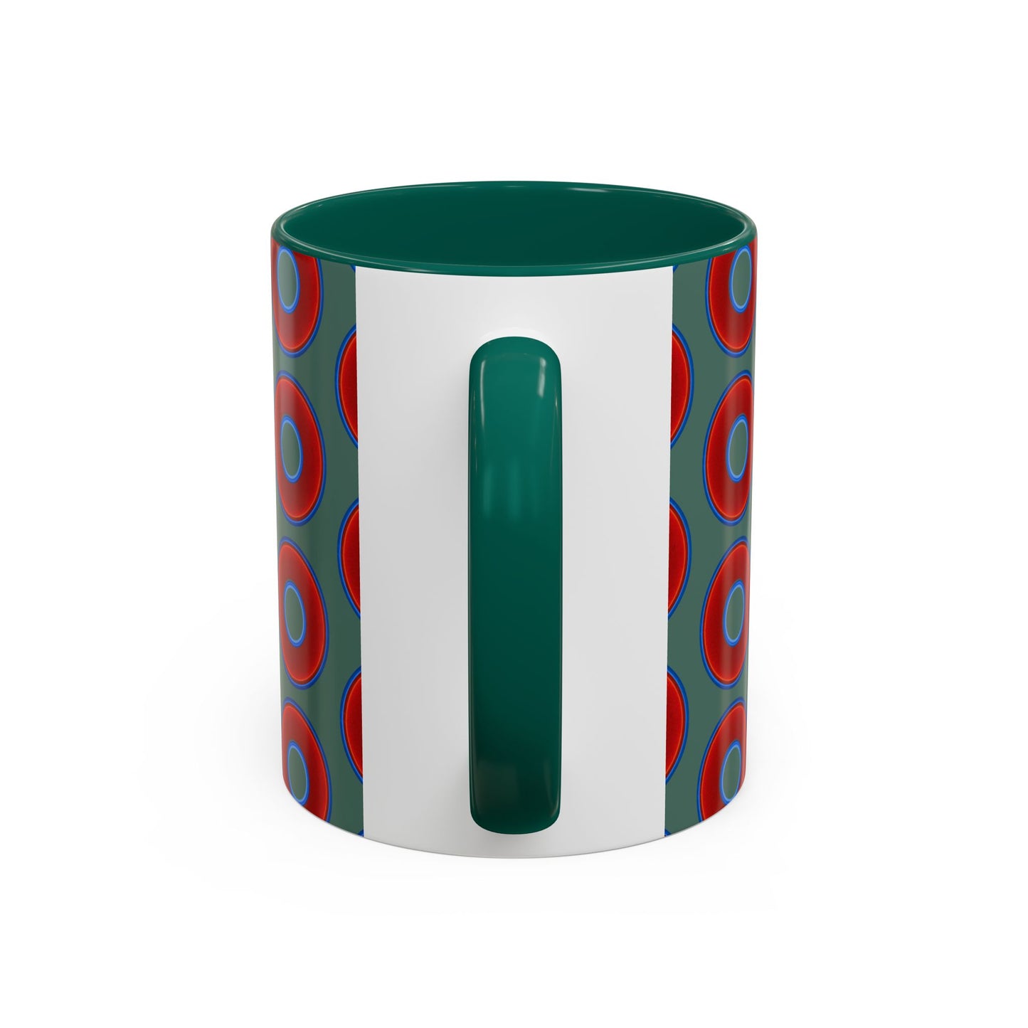 Lump's Grumpy Coffee Mug - vivid red donuts w/Fenway green background