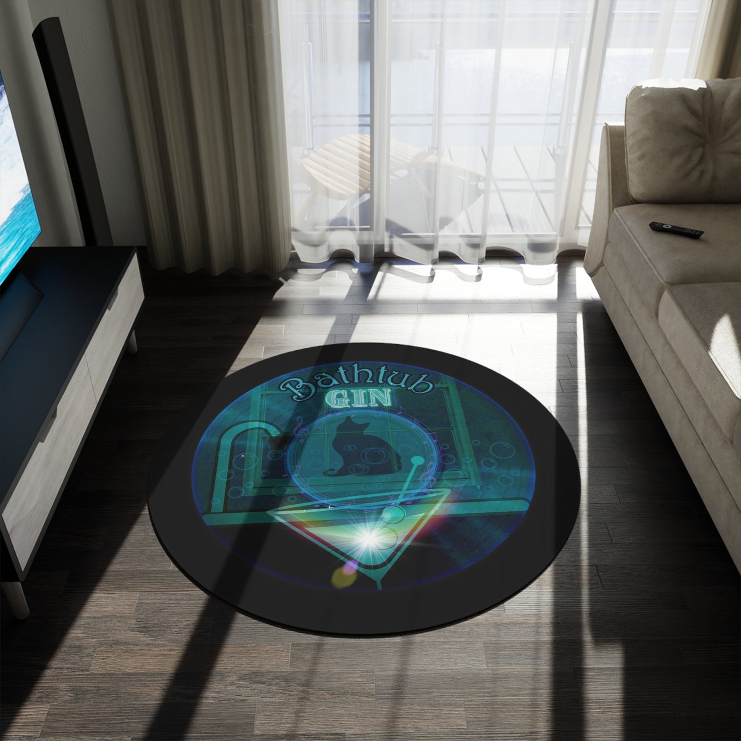 Round Room - 5 ft x 5 ft Lumpy Donut Rug - "Wendy's Preferred Donut Rug" - vivid dark teal/blue tube donut w/black background