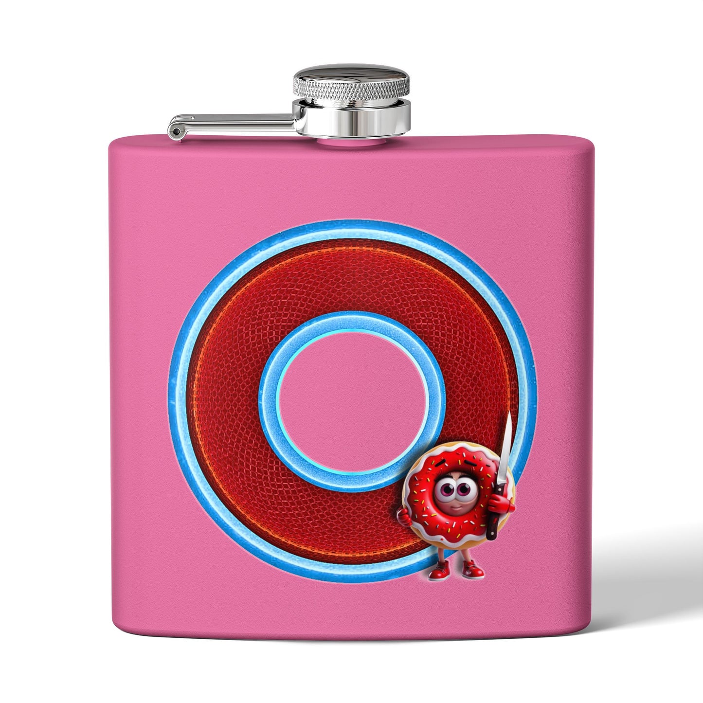 Lump's Donut Flask 6 oz -  "My Phriend, My Phriend the Donut's Flask" - red/light blue rustic donut - [*w/your choice of 6 backgrounds]