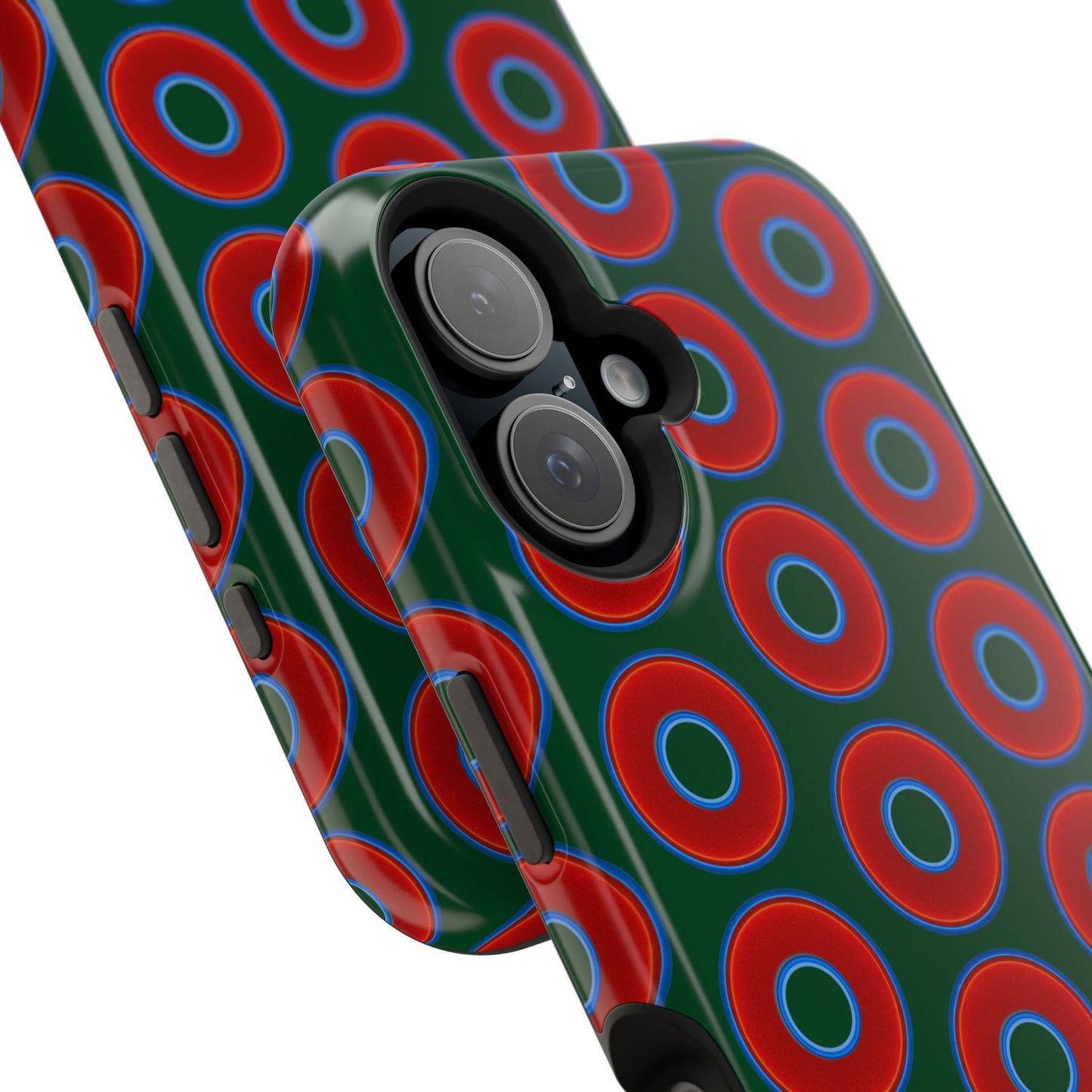 Impact-Resistant Lumpy Donut Case - red vivid donut print w/dark pond green background