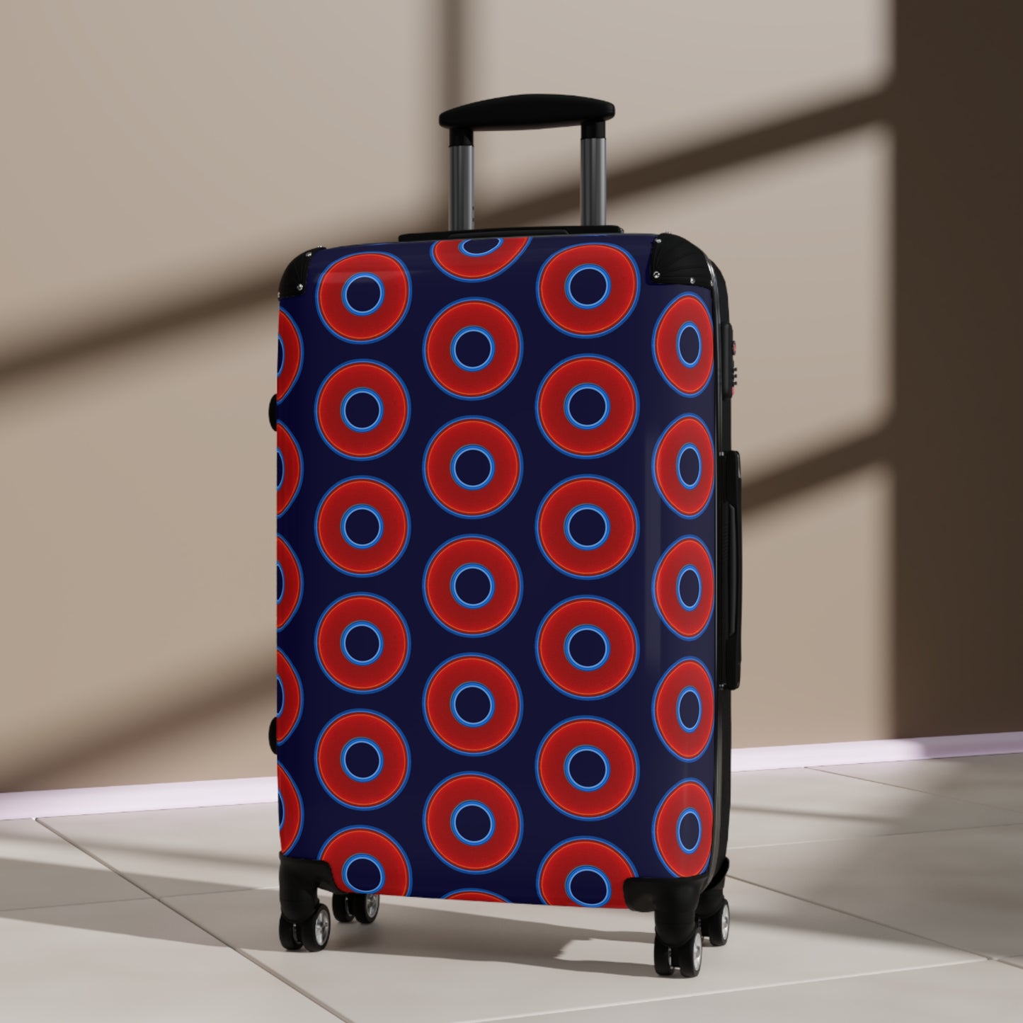 The Very Lumpy Donut Suitcase series - your choice of S, M or L - vivid red donut print w/midnight blue background