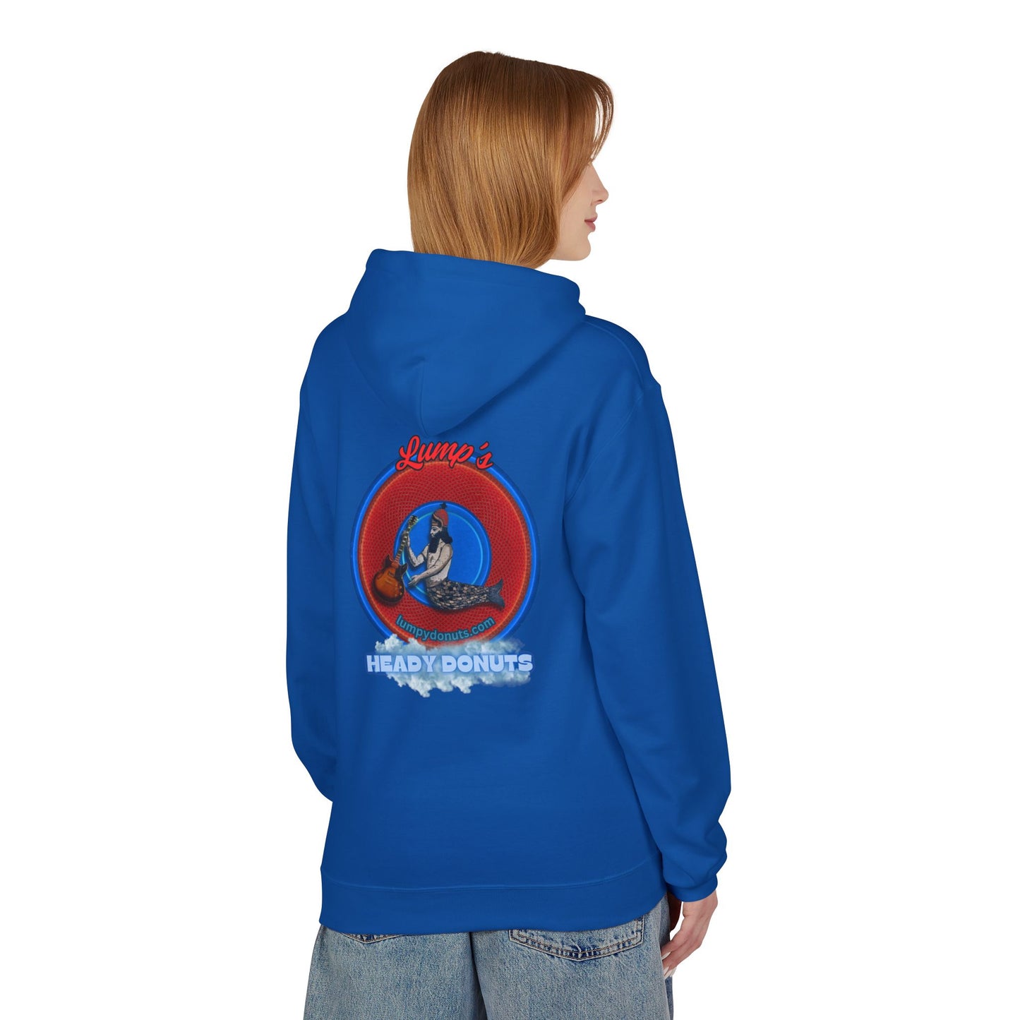 Unisex Fleece Hoodie - [Midweight Soft-style] - "Lump's Heady Logo" - w/rustic red donuts