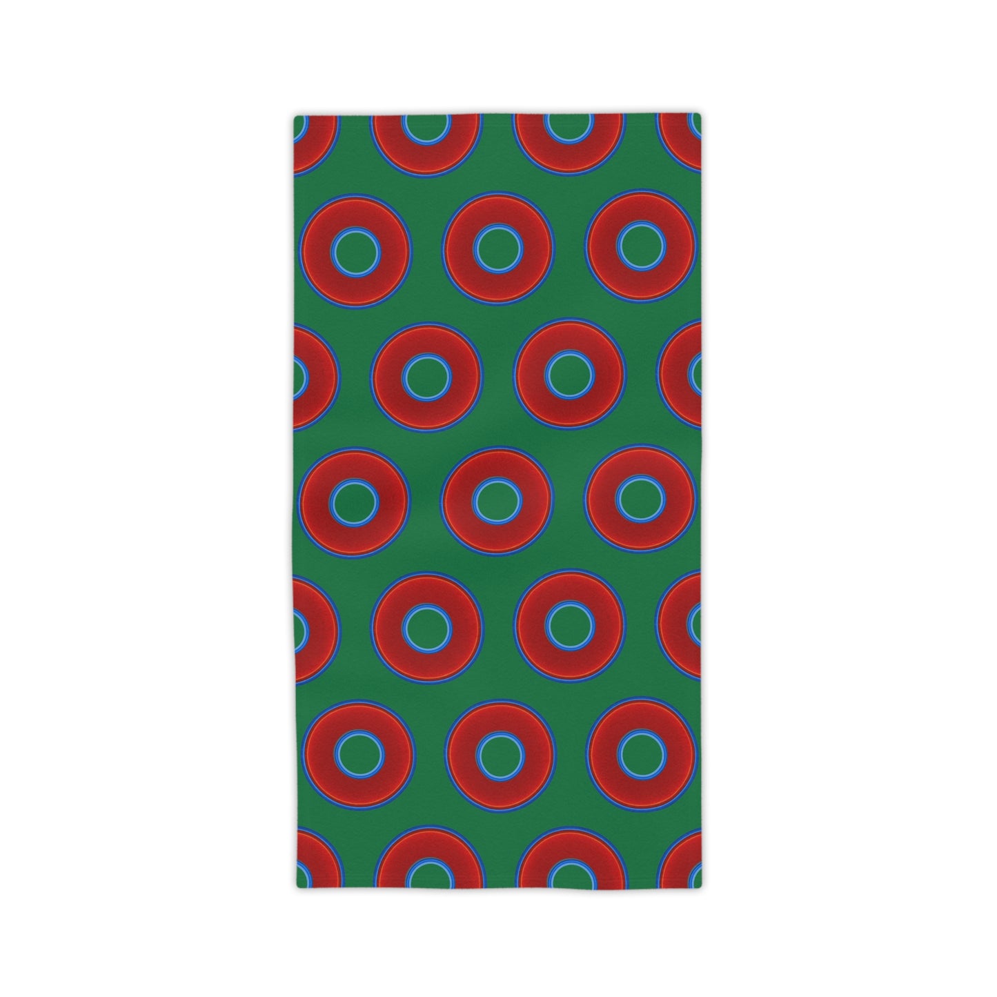 Lumpy Donut Towels - vivid red donuts w/green background