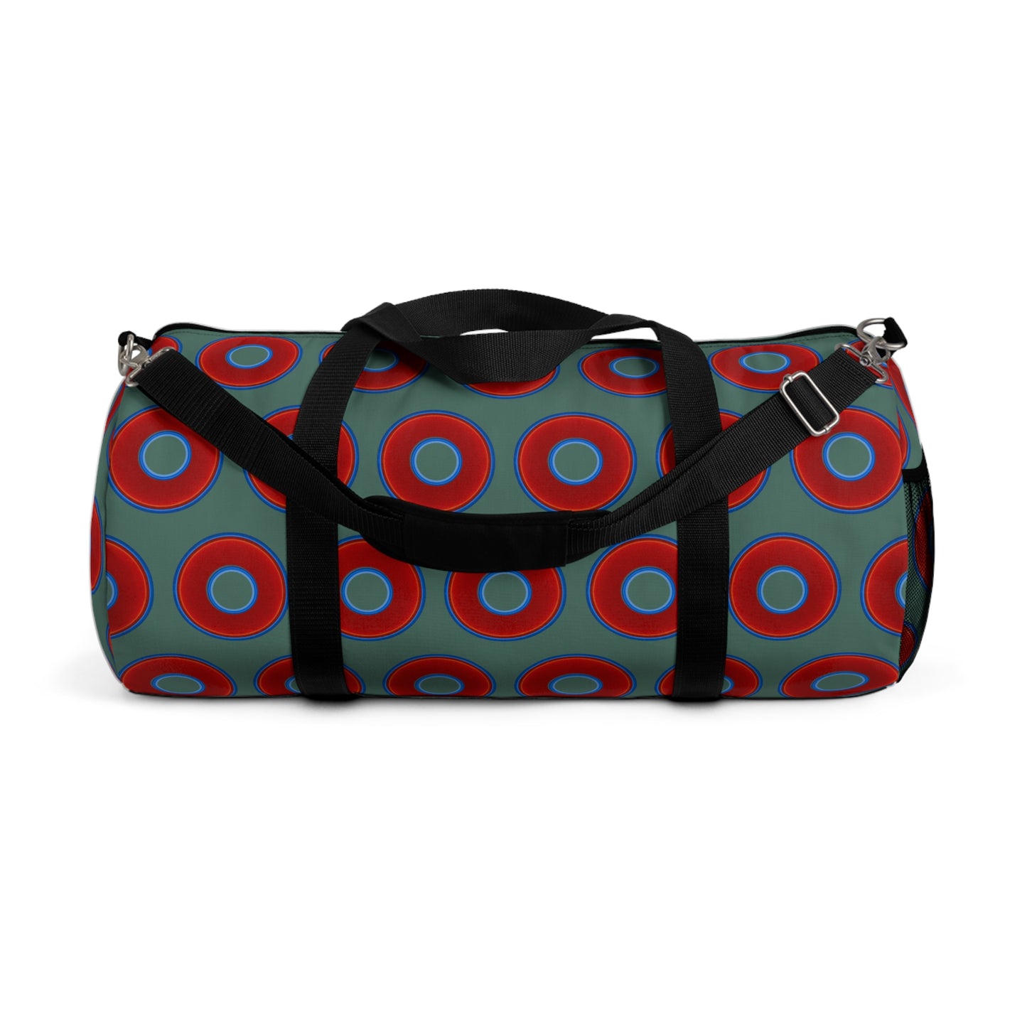 Lumpy Duffel - vivid red donuts w/Fenway green background