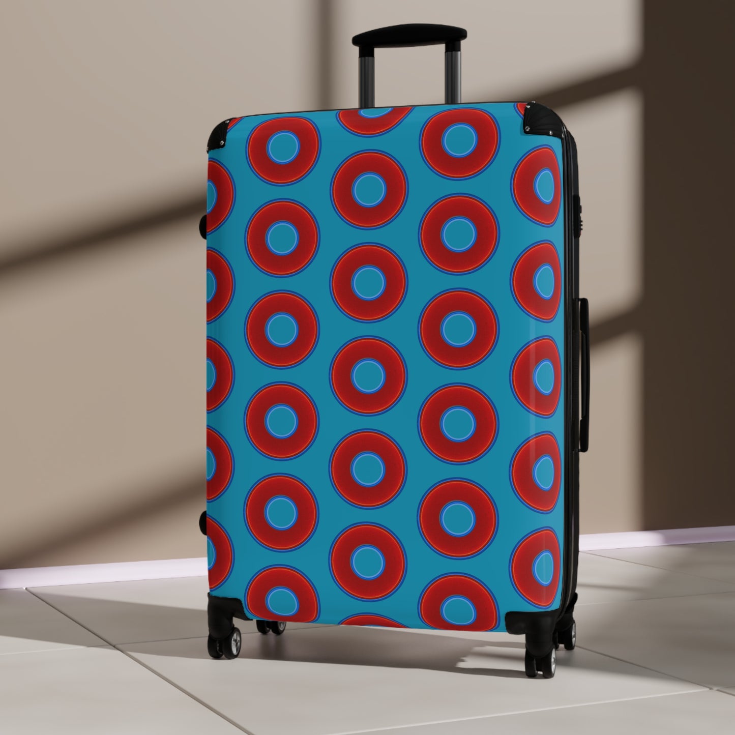 Very Lumpy Donut Suitcase series - your choice of S, M or L - vivid red donut print w/aquamarine blue background