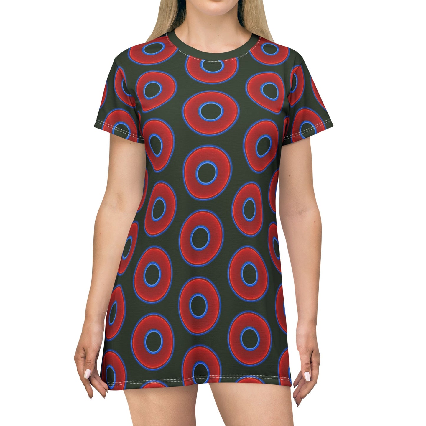 Not a Muumuu AOP Tee Shirt Dress - red vivid donuts w/deep forest green background