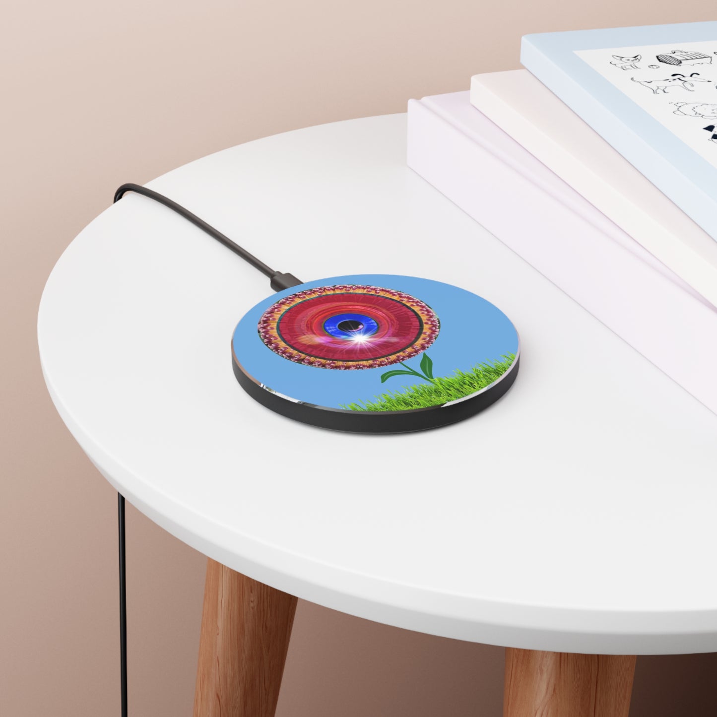 The Flow - Wireless Lumpy Donut Chargers - "Smell the Donuts Wireless Charging" - red flour donut w/light blue background - variant 2