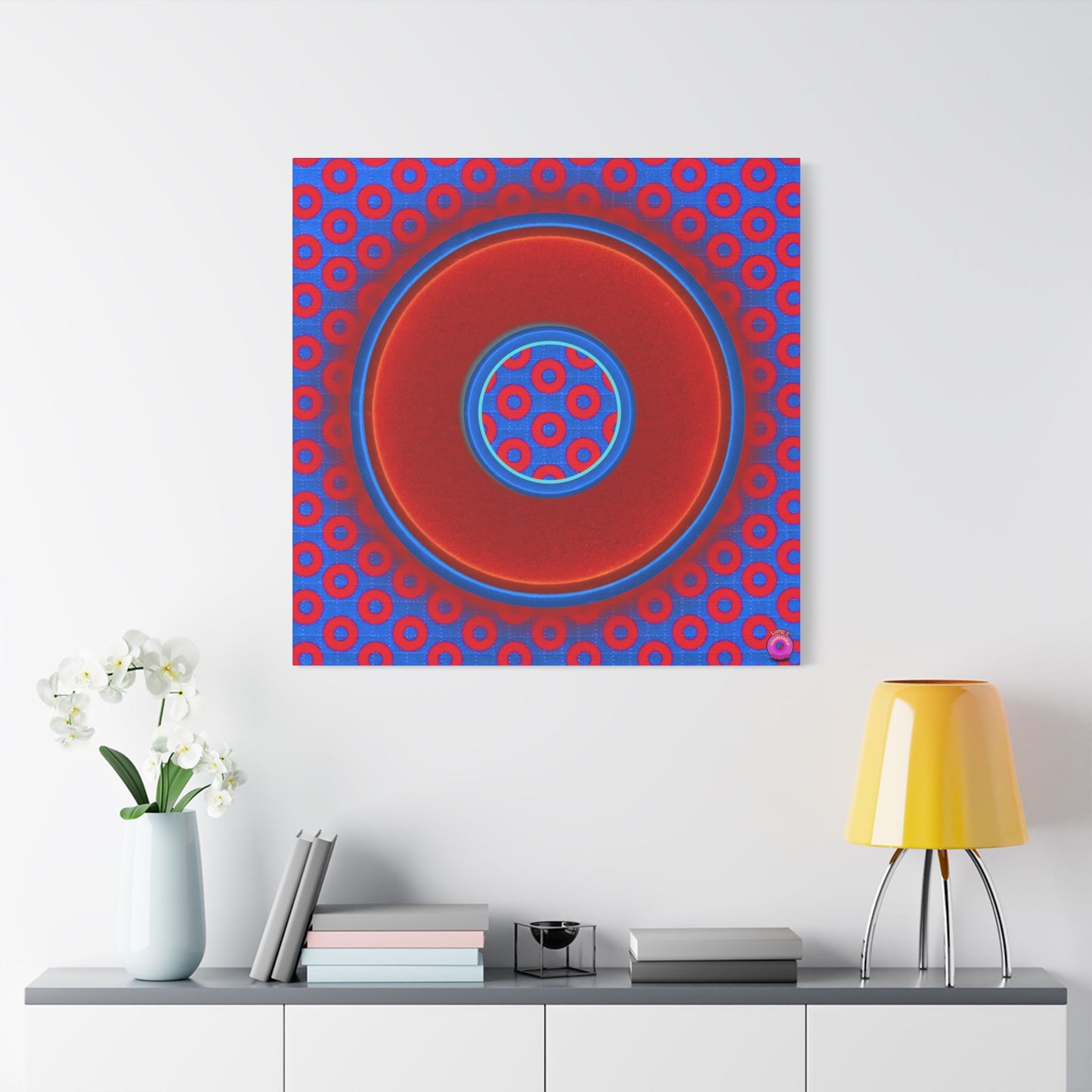 Donuts4charity - Giant Canvas [36" x 36"] - "Donuts within Donuts" - vivid red/blue donut on grid paradox donut background