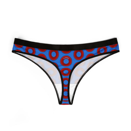 Lumpy Donut Thongs - red vivid donut print w/light royal blue background