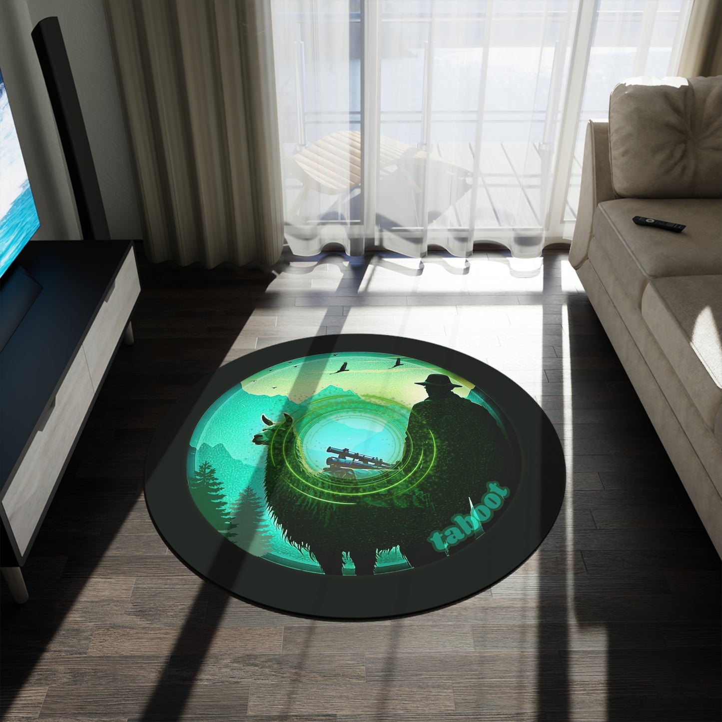 Round Room - 5 ft x 5 ft Lumpy Donut Rug - "The Taboo(t) Donut Rug" - vivid green/teal pic donut w/midnight moss green background