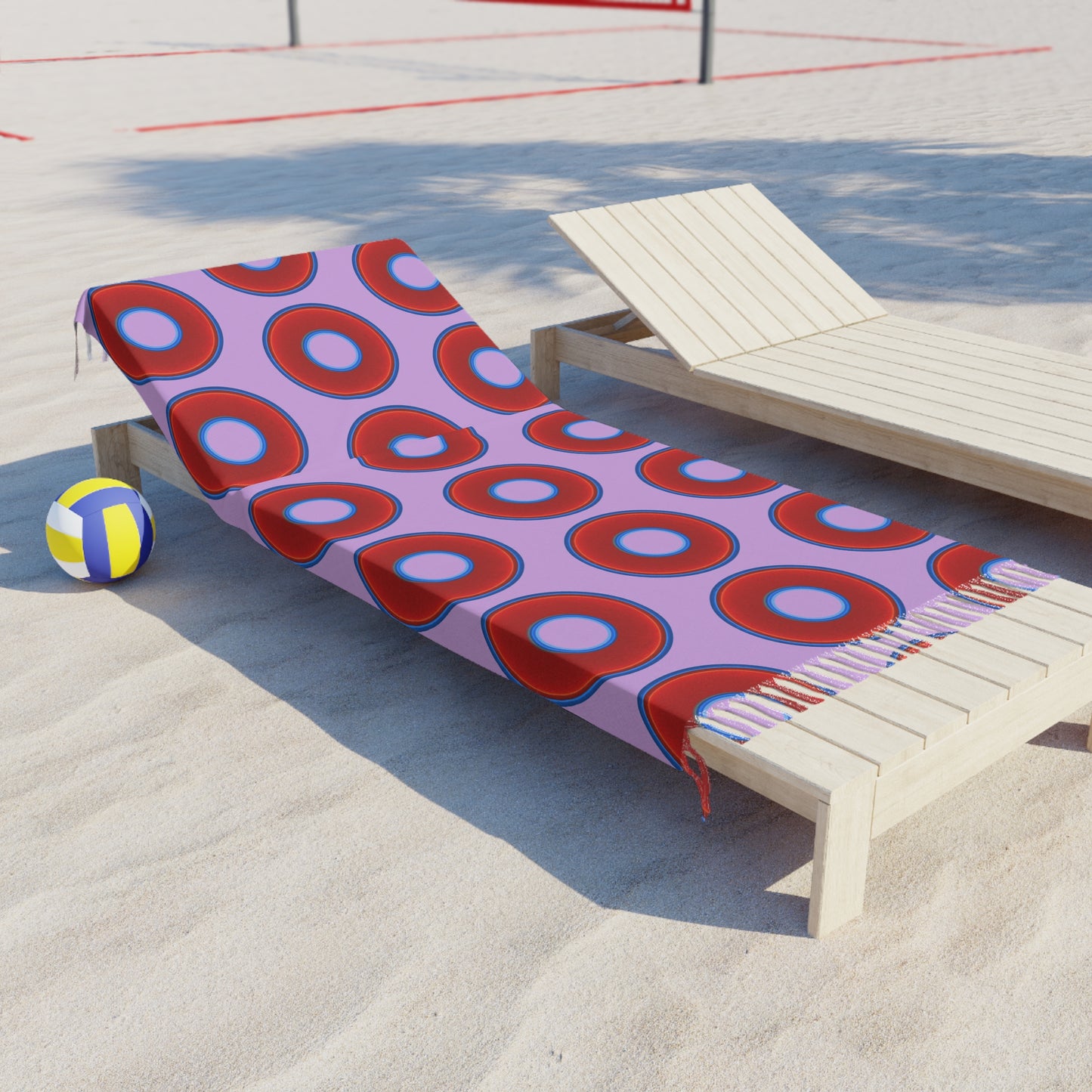 Oversized Lumpy Beach Towel - vivid red donuts w/wisteria purple background