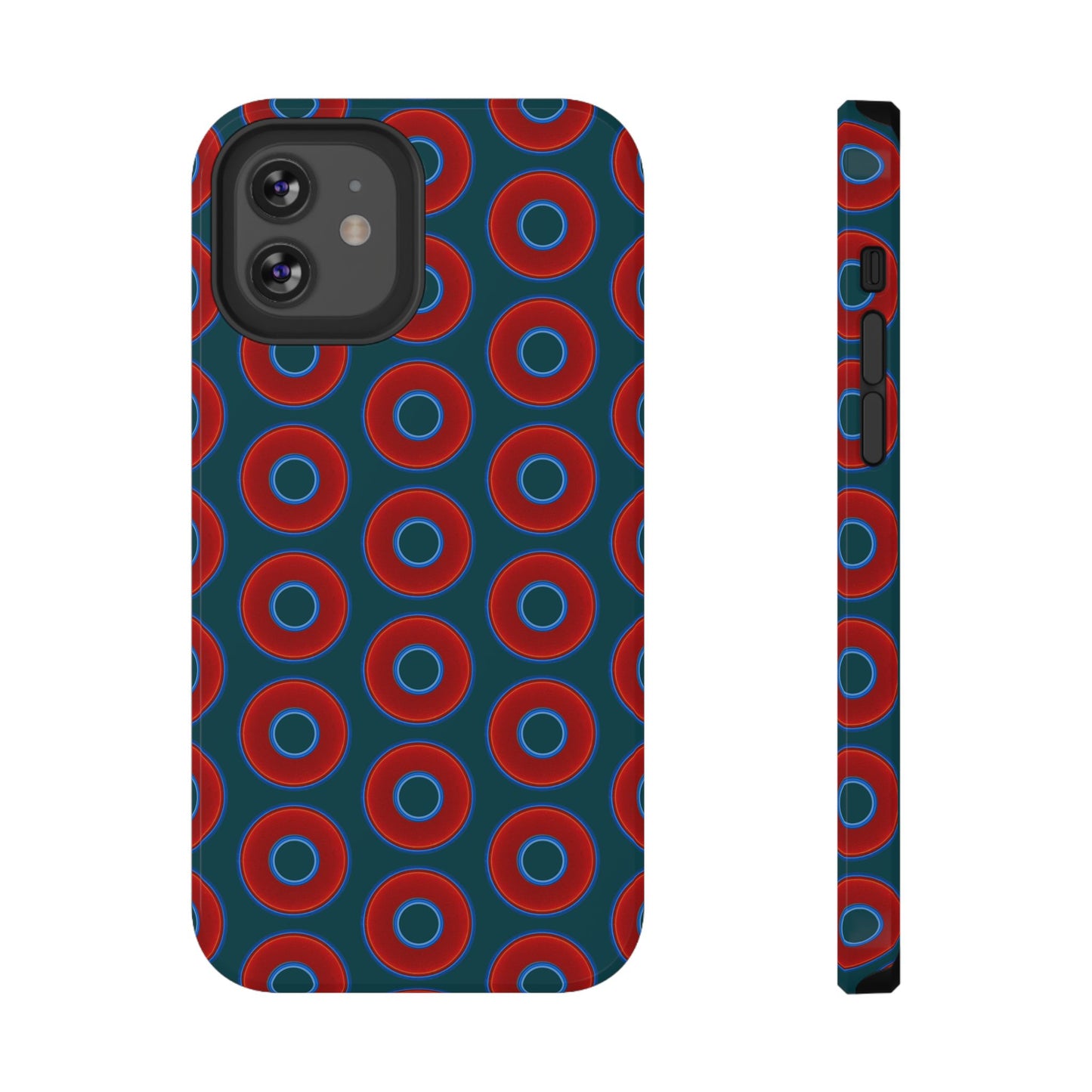 Impact-Resistant Lumpy Donut Case - red vivid donut print w/midnight green background