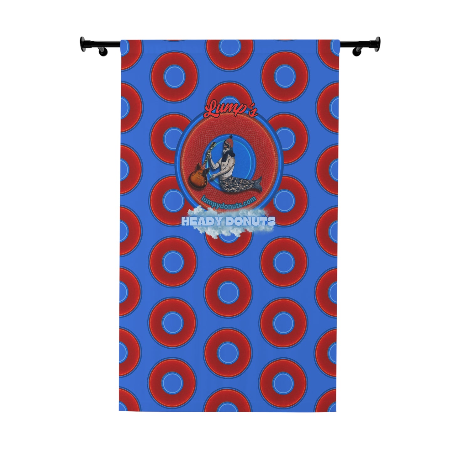 Lump's Heady Curtain w/Donuts - "Lump's Office Curtains" vivid red donut print - w/medium royal blue background - [*1 Piece / 50" x 84"]