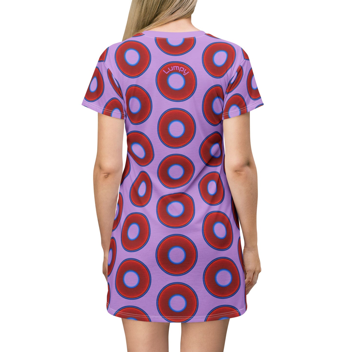 Not a Muumuu AOP Tee Shirt Dress - red vivid donuts w/wisteria purple background