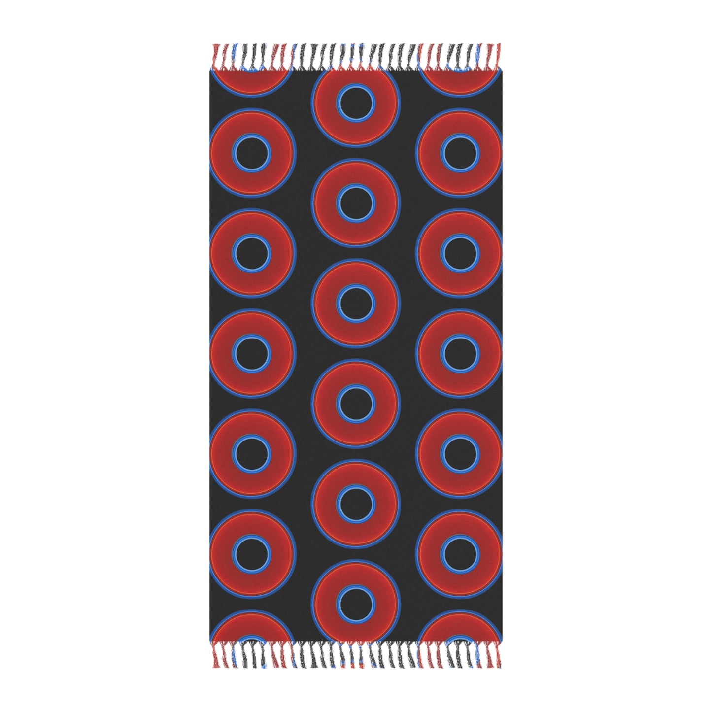 Oversized Lumpy Beach Towel - vivid red donuts w/black background