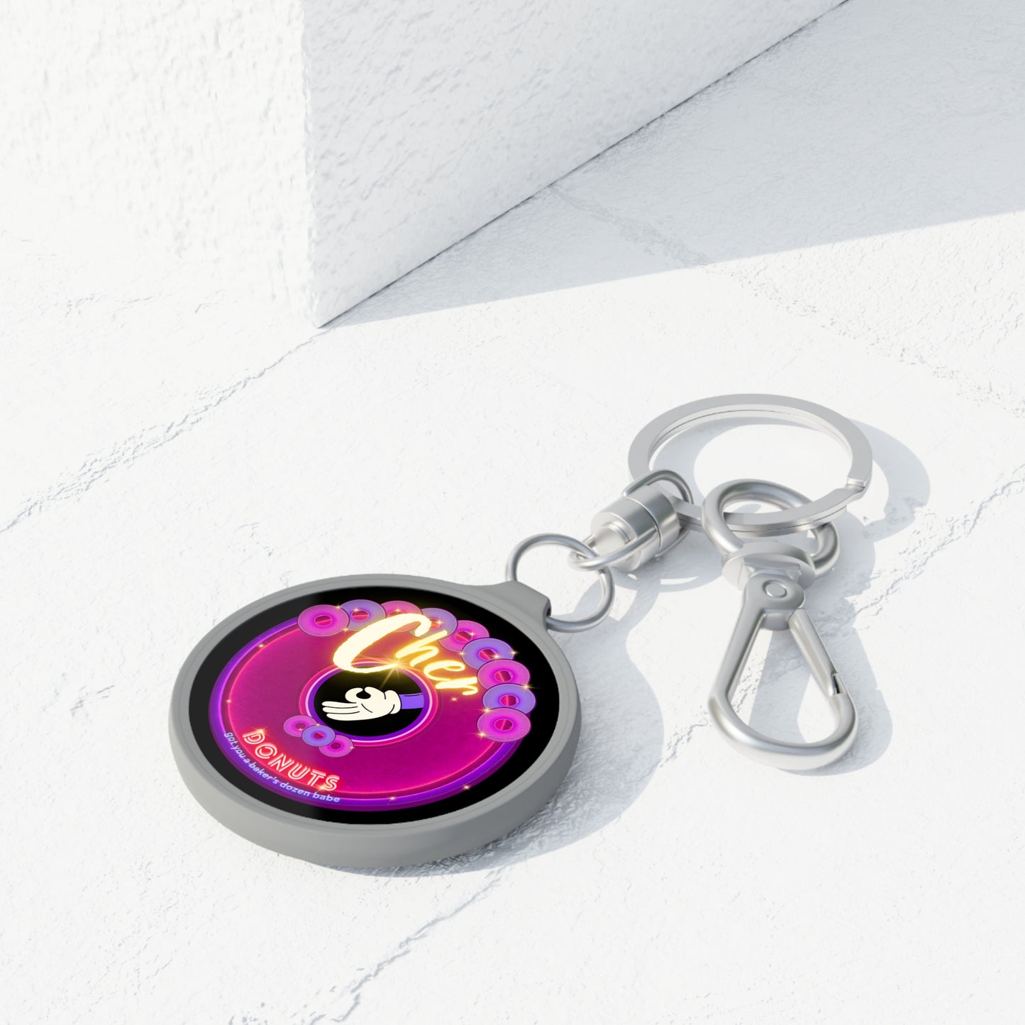 Lumpy Donut Keychain - "Cher-ing is Caring" - series 1.0 - variant 2 - magenta/purple donut w/baker's dozen - [*charitable donut]