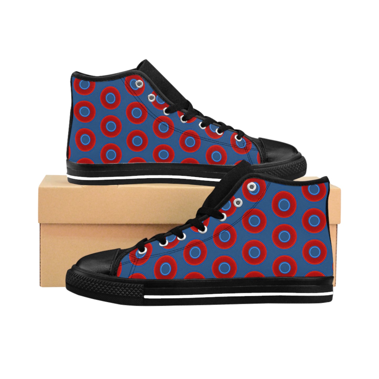 Men's Cushiony Convectors - High Tops - red vivid donuts w/light navy blue background