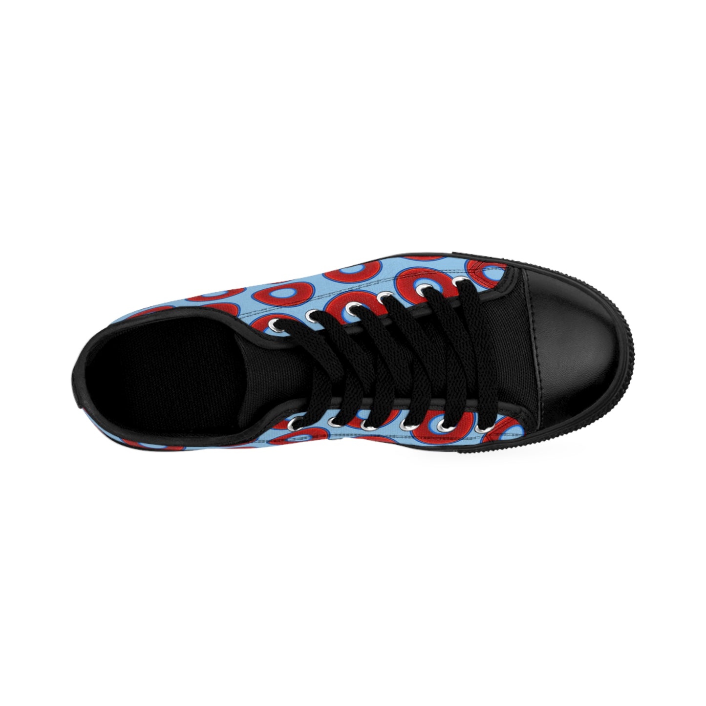 Women's Cushiony Convectors - Low Top - large red vivid donut print w/sky blue background