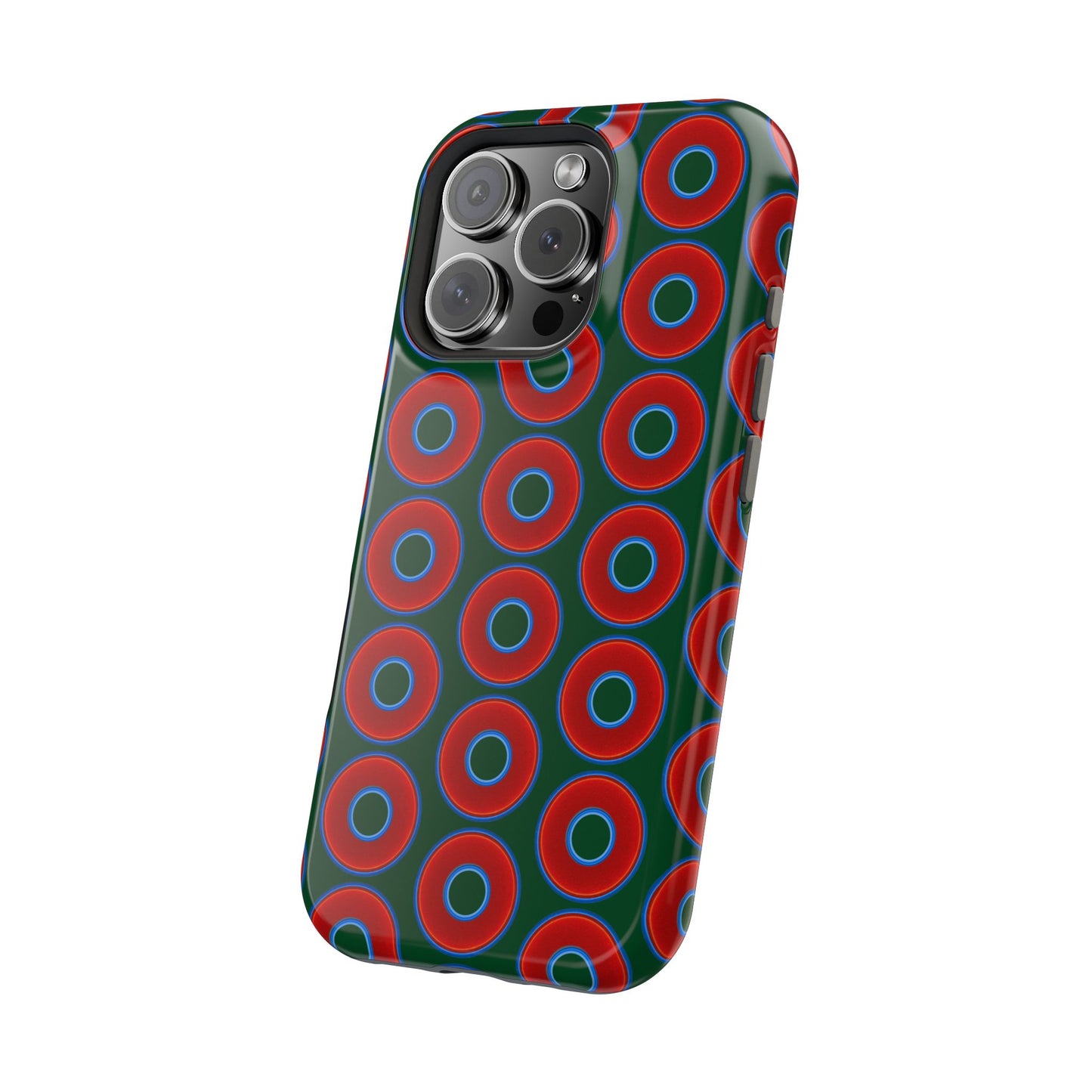 Magnetic Tough Donut Case - red vivid donut print w/deep pond green background