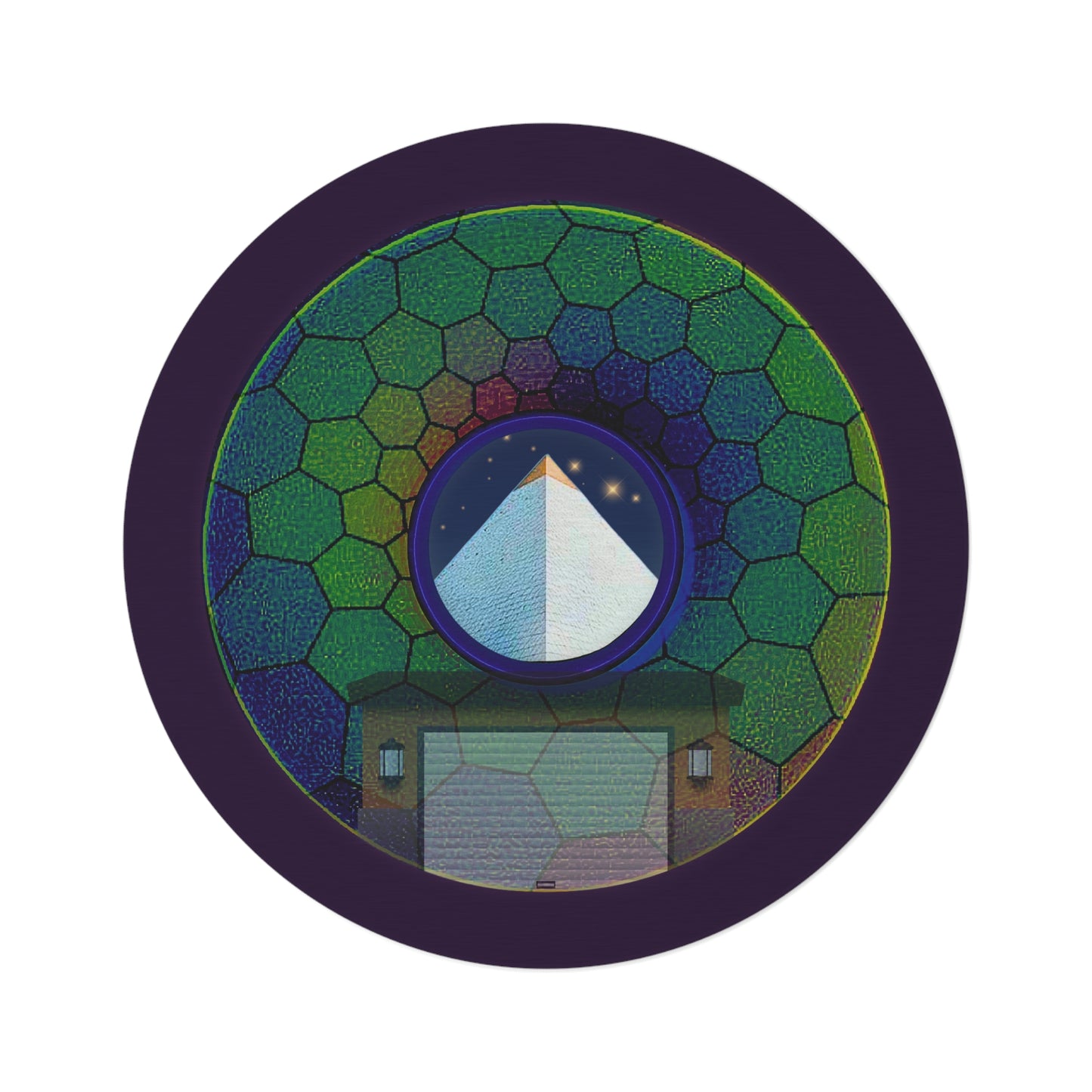 Round Room - 5 ft x 5 ft Lumpy Donut Rug - "Limestone Donut Rug so Large" - green hexadonut w/midnight purple background - variant 8