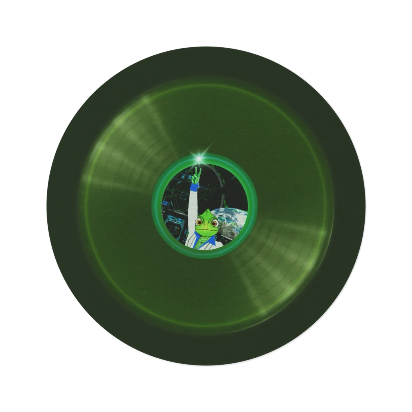 Round Room - 5 ft x 5 ft Lumpy Donut Rug - "Rutherford's Staying Alive Donut Rug" - vivid green record donut w/deep forest green background - variant 2