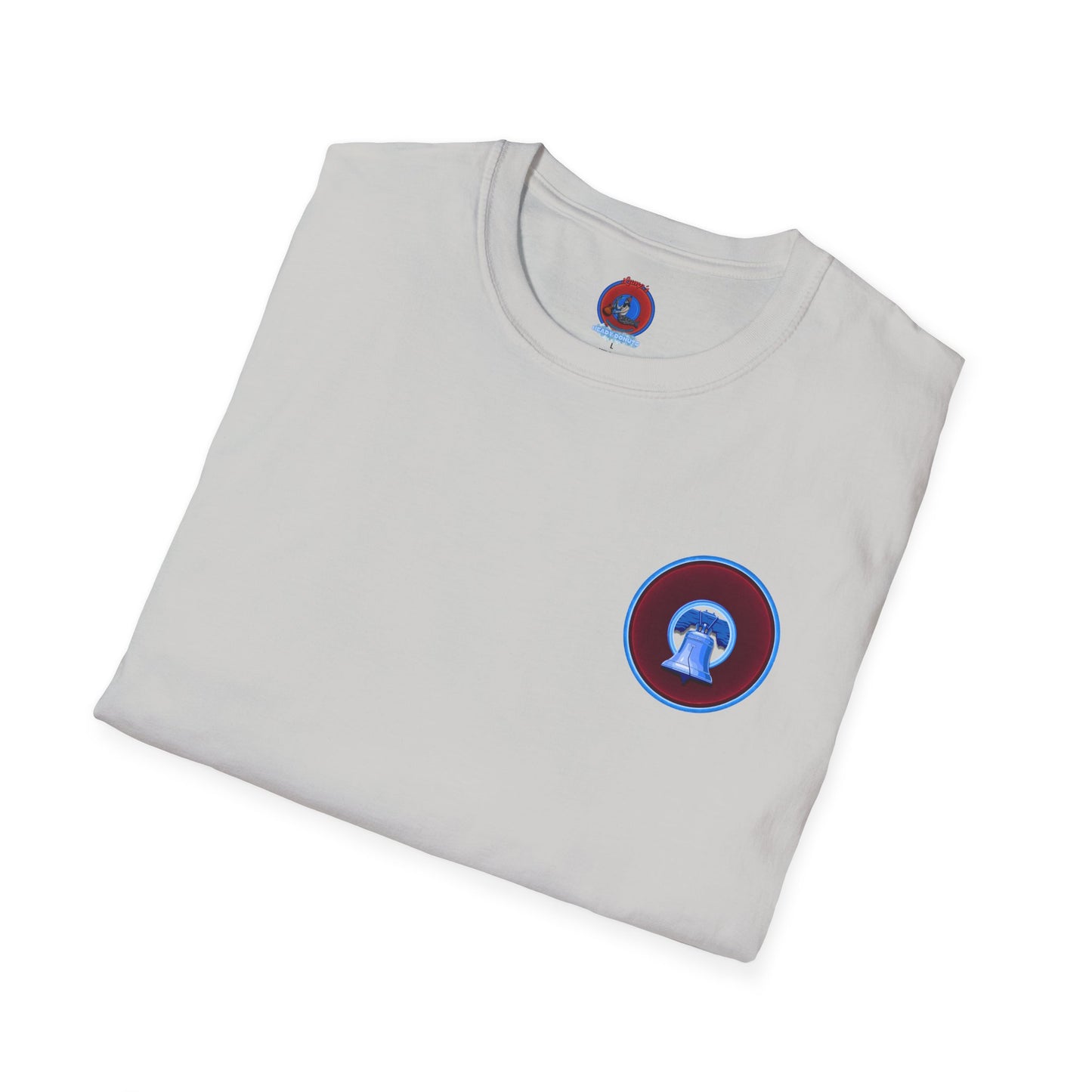 Classic Donut Tee - Unisex Soft-Style - "Brotherly Donuts Jawn" - vivid dark purple-red/light blue donut