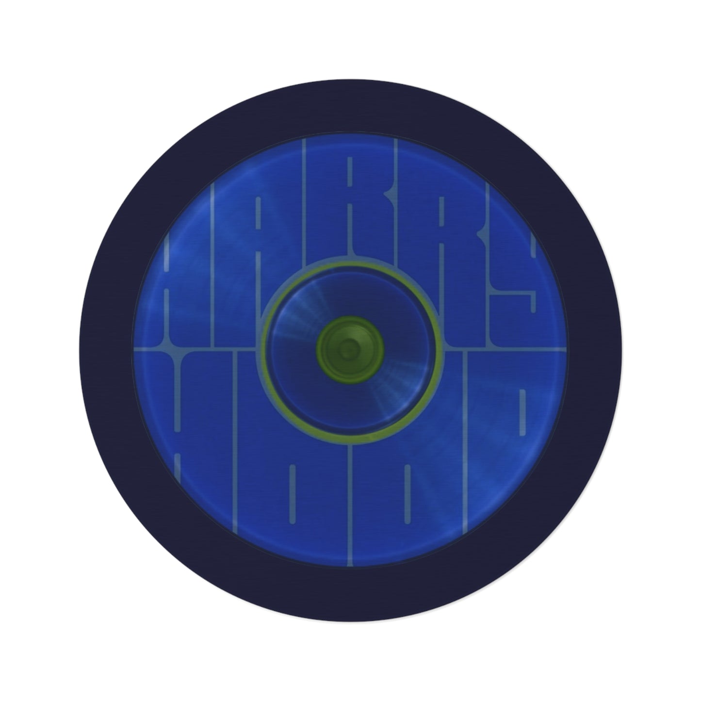 Round Room - 5 ft x 5 ft Lumpy Donut Rug - "Harry's Hoodlum Donut Rug" - vivid blue word donut w/dark navy background - variant 5