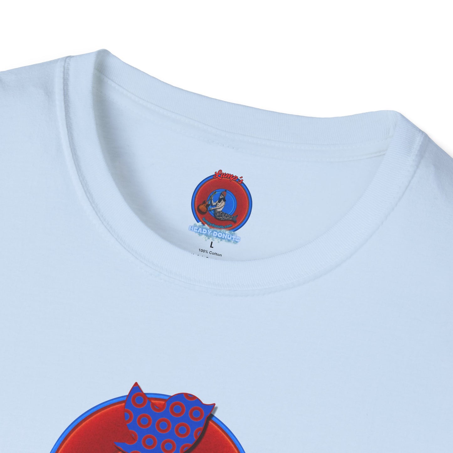Classic Donut Tee - Unisex Soft-Style - "Phamous Mocking Donut" - vivid red/blue donut