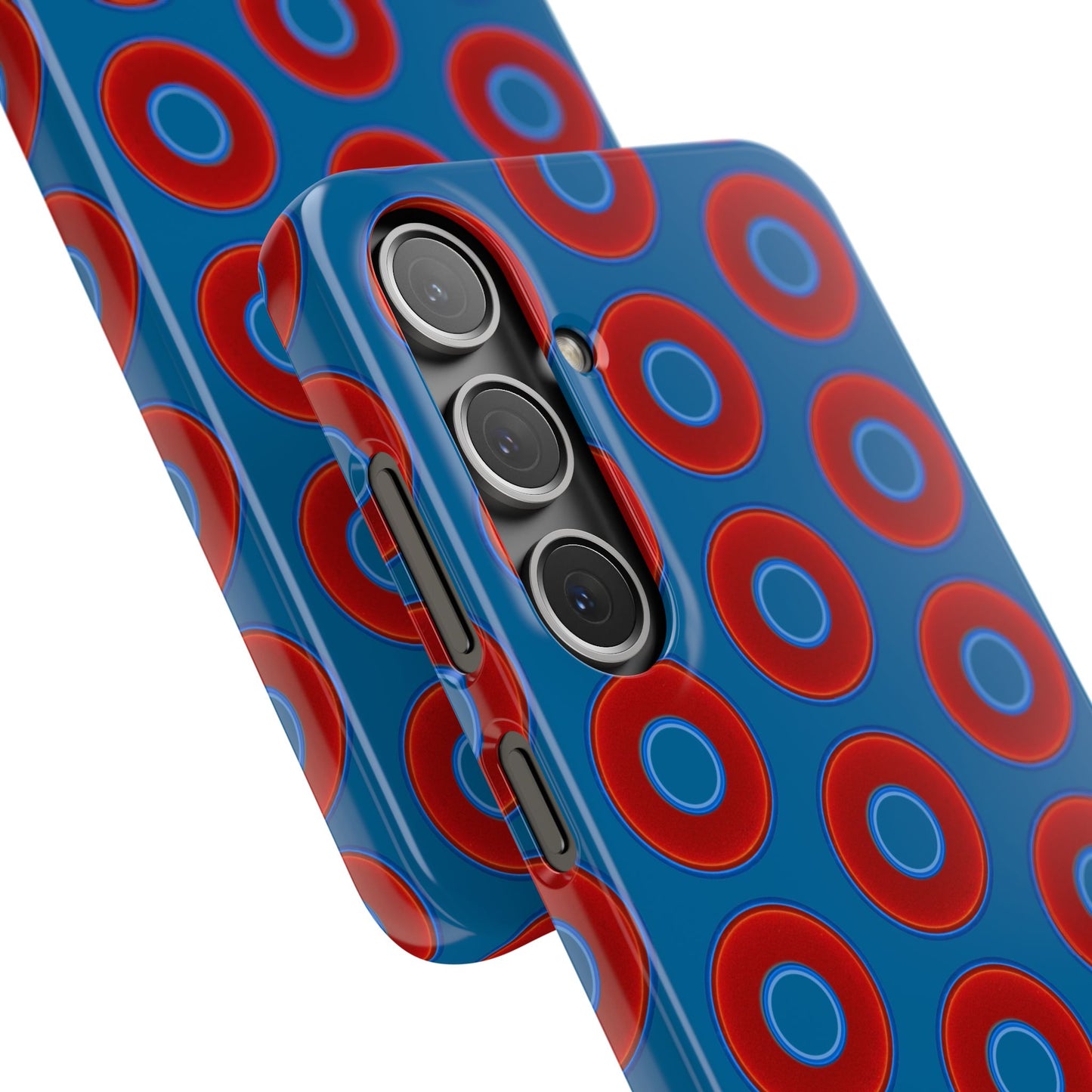 Lumpy Donut Snap Case - red vivid donut print w/wavy navy blue background