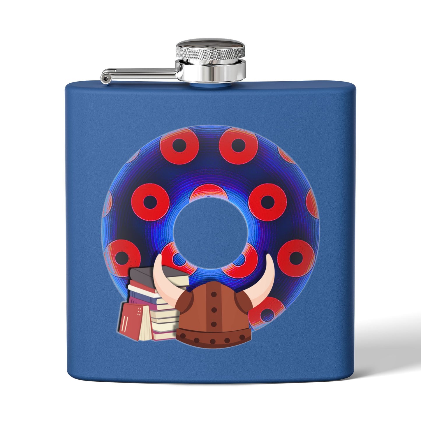Lump's Donut Flask 6 oz -  "Vlad's Impaling Flask" - blue/red blimpy paradox donut - [*w/your choice of 5 backgrounds]