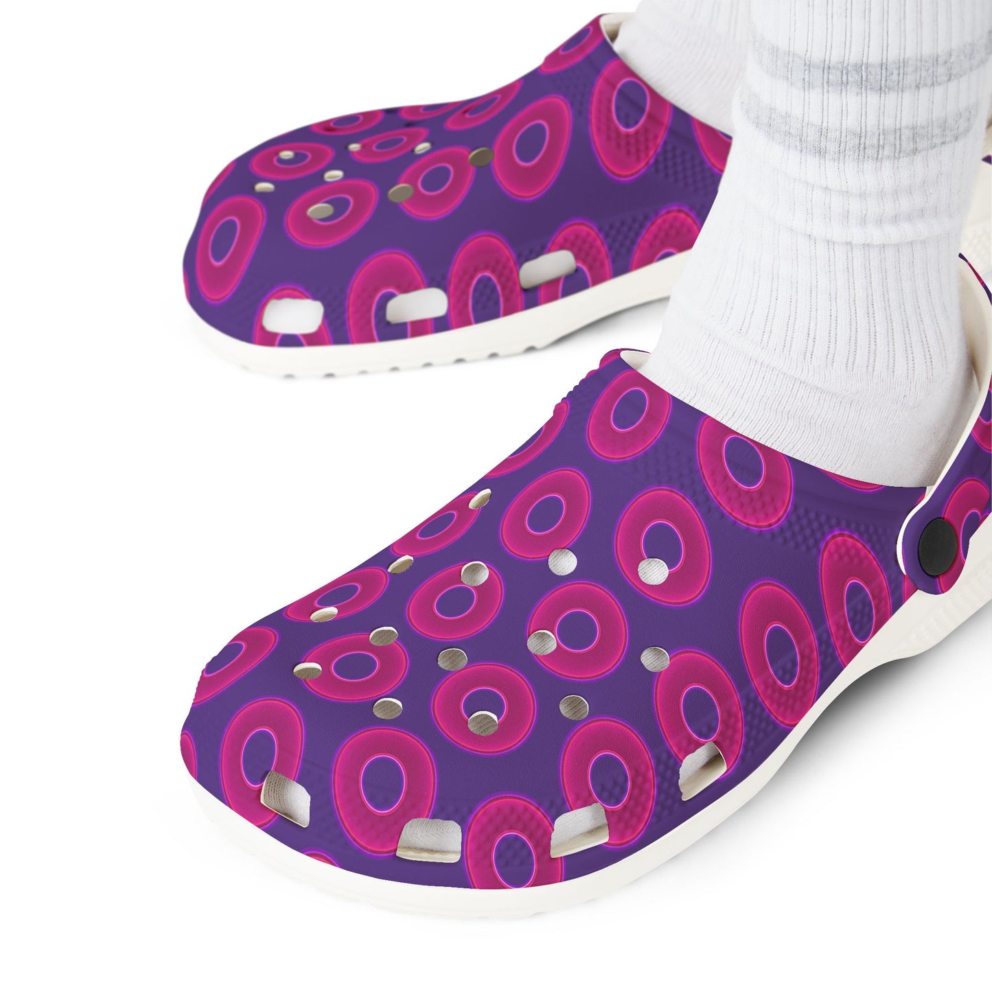 Spatchcocks - donut slip-on shoes - vivid magenta donuts w/dark purple background [unisex]
