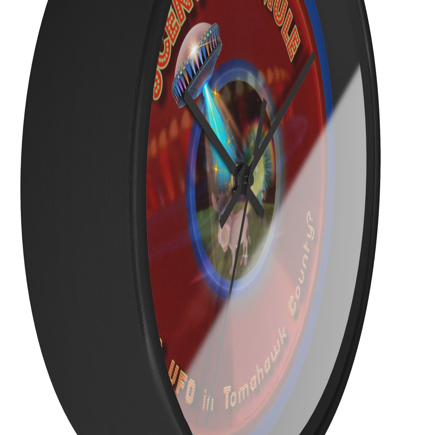 Lumpy Wall Clock - "Donut Clocks? In Tomahawk County?" - variant 3 - vivid red/blue donut w/dark blue background